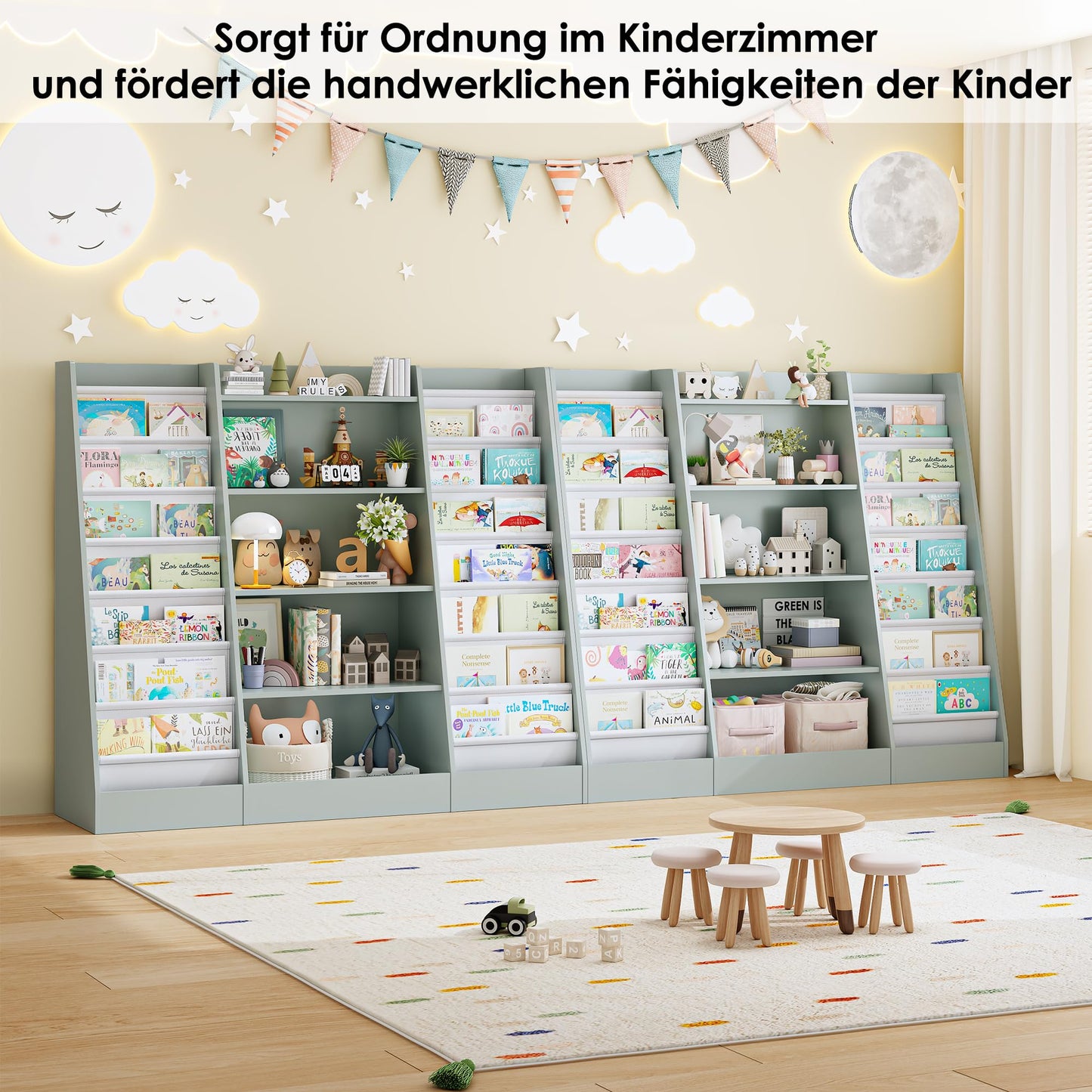 FOREHILL 129 cm Breite Kinderregal, Bücherregal für Kinder mit 14 Ablagen, Kinderzimmer Möbel aus Holz, Spielzeugregal, Regal für Kinderzimmer, Kindergarten, Leseecke, 129 x 120 x 35 cm (weiß)