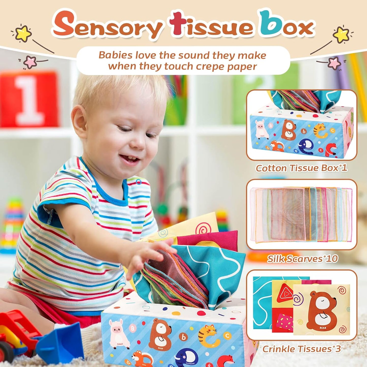 Almaxi Baby Toy 6 Months - 3 Years, 4-in-1 Montessori Toy, Stacking Tower, Silicone Building Blocks, Sensory, Tissue Box, Birthday Gift for Baby 6 9 12 Months 1 2 3 Years