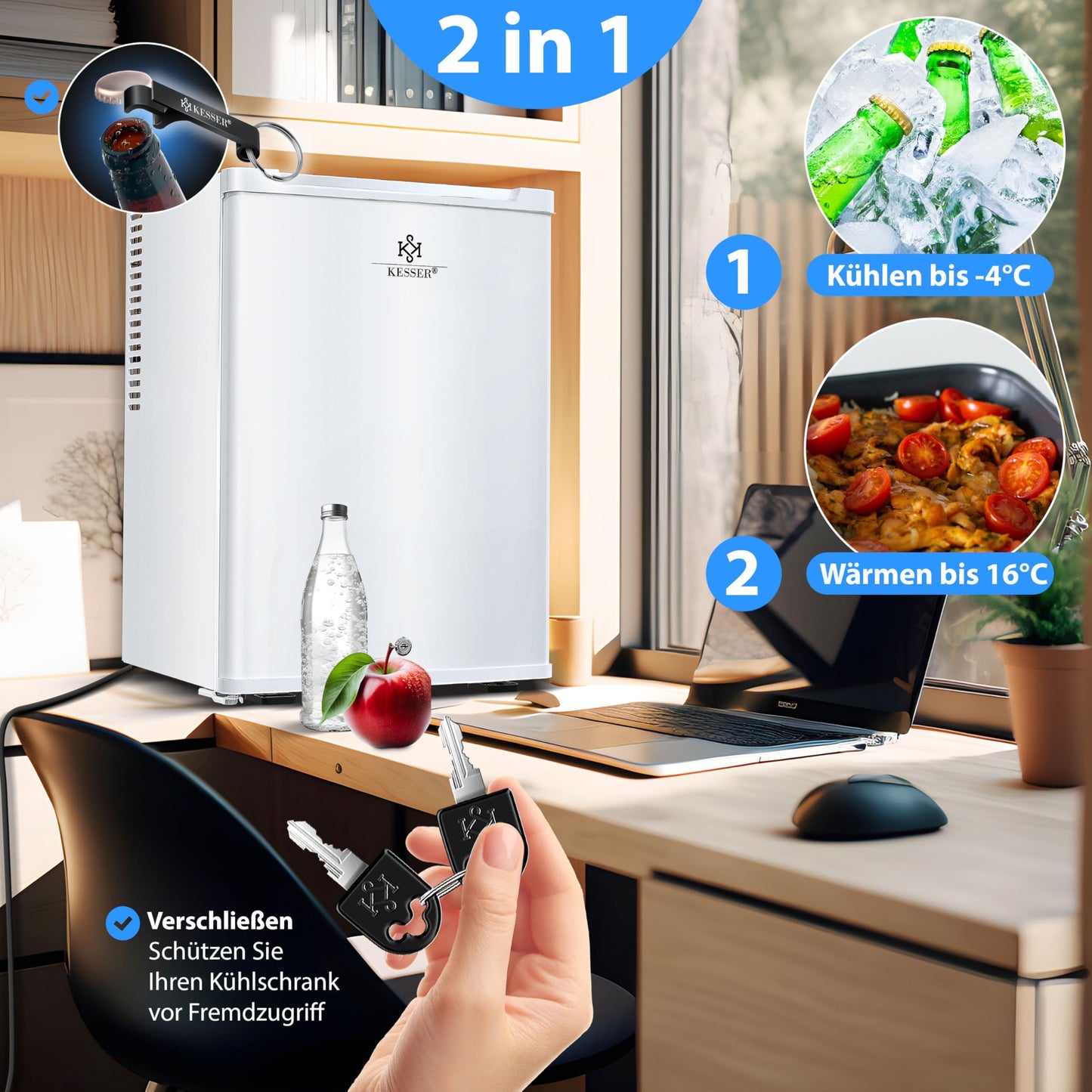 KESSER® Mini Fridge 40 L Lockable Mini Bar Ideal for Camping, Office, Bedroom, Hotel, Kitchen, Small Fridge Completely Silent, Interchangeable Door Hinge, Interior Lighting with Glass Opener