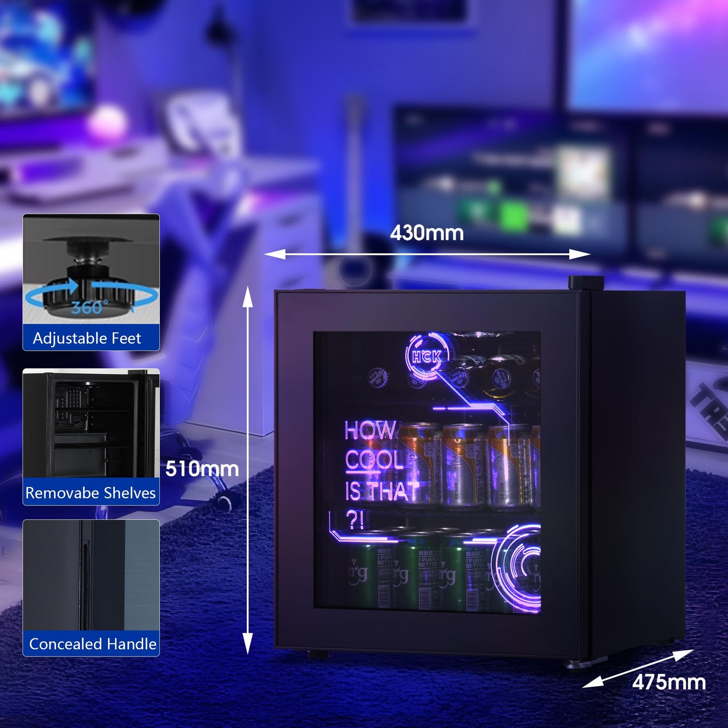 HCK 98L Getränkekühlschrank mit Cyberpunk RGB Beleuchtung, Minibar kleine Kühlschrank mit Glastür, lautlos 39dB, 0-15°C, Bierkühlschrank für Spielzimmer, Küche, Schwarz