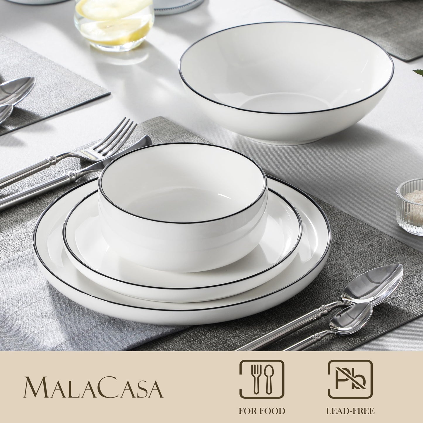 MALACASA Geschirrset 6 Personen, LUNA 24-tlg Tafelservice aus Weißem Porzellan, Modernes Geschirr Set mit je 6 Speiseteller, Dessertteller, Suppenteller und Müslischalen