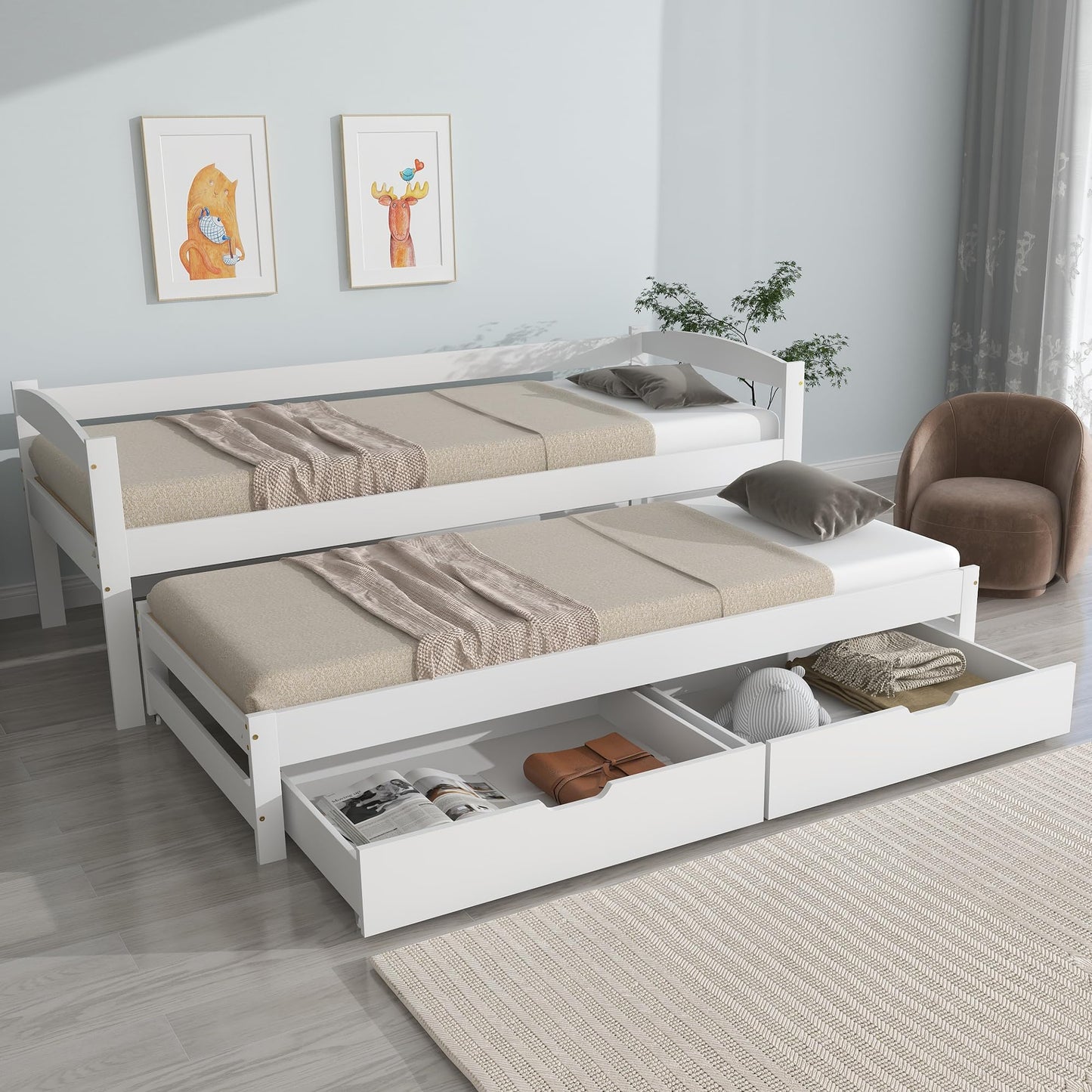 Children's Bed 90 x 200 cm, Wooden Bed with Drawers and Board, Headboard with Bookshelf and Fall Protection, Bed with Slatted Frame and Storage Space, Teenager's Bed, Functional Bed, Wooden Bed Frame,