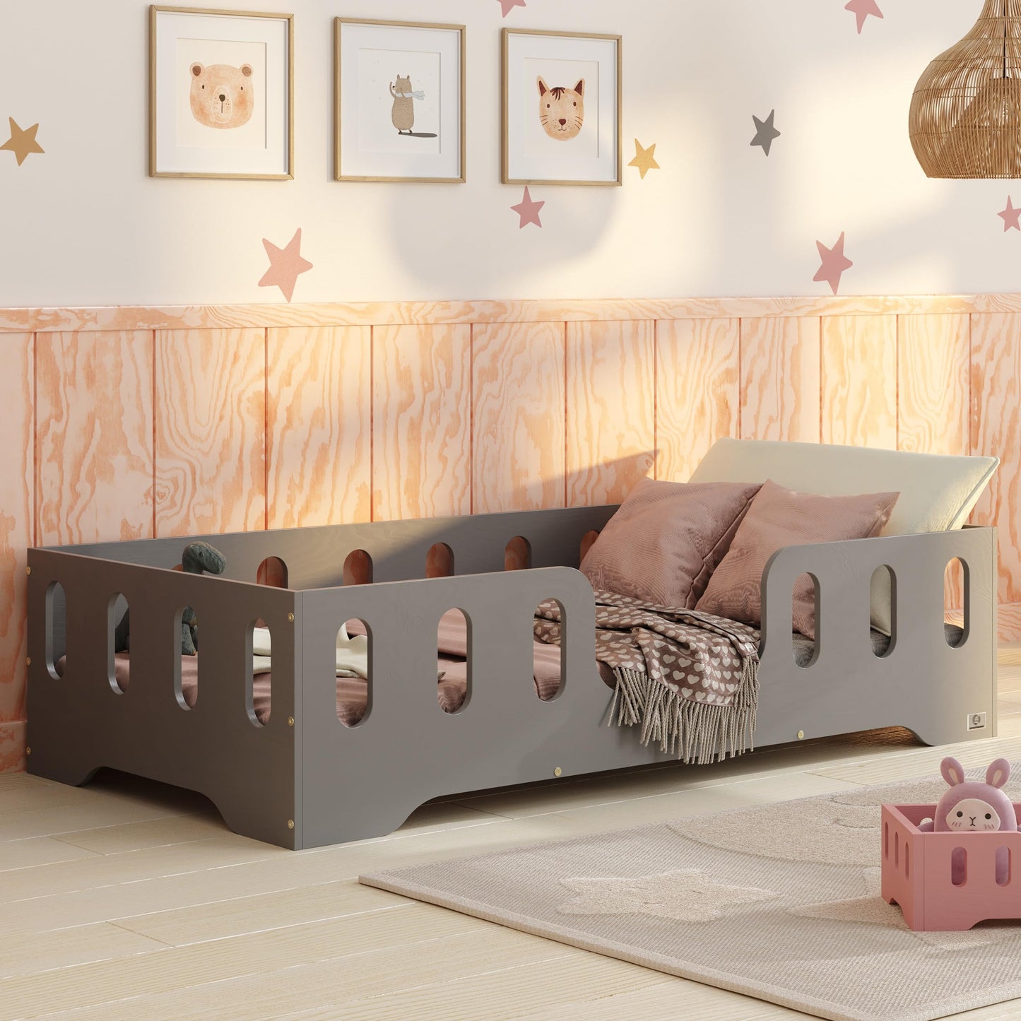 smartwood Montessori Wooden Floor Bed 60 x 120 cm Grey with FSC Certificate TILA 2 with Fall Protection and Slatted Frame Maximum Load 230 kg Easy Assembly