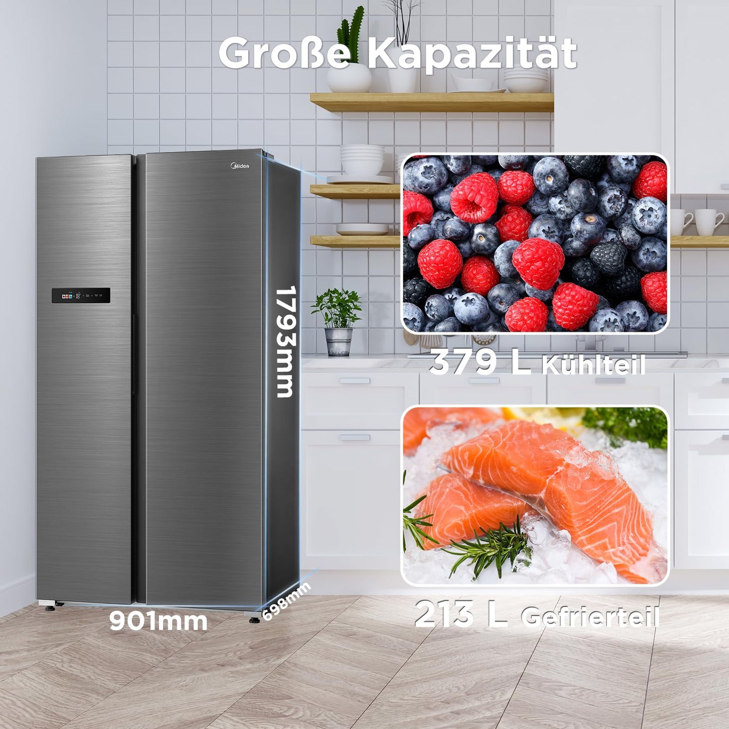 Midea KS-DDX 6.32 WT Side-by-Side Kühl-/Gefrierkombination/ 178,8 cm Höhe/ 254 kWh/Jahr/No Frost/Dual Inverter Compressor/mit 3in1 Wasser-/Eisspender und Wassertank, Dark Inox