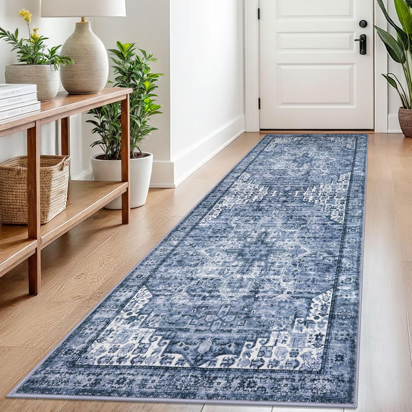 2x3 Blue Washable Rug for Entrance, Soft Traditional Area Rug, Non-Slip Printed Kitchen Rugs, Low-Pile Medallion Indoor Door Mat, Small Farmhouse Carpet for Entryway Kitchen Foyer Bedside