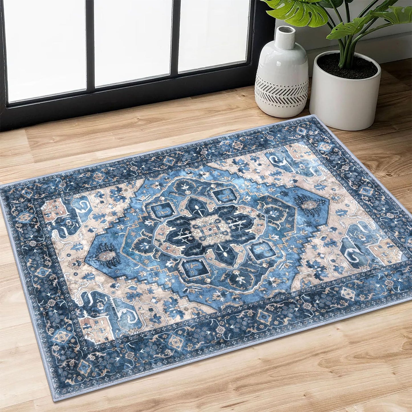 2x3 Blue Washable Rug for Entrance, Soft Traditional Area Rug, Non-Slip Printed Kitchen Rugs, Low-Pile Medallion Indoor Door Mat, Small Farmhouse Carpet for Entryway Kitchen Foyer Bedside