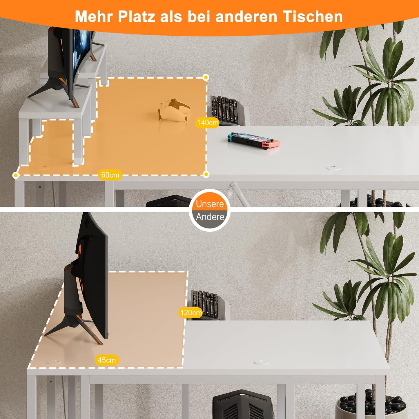 Flamaker Gaming Tisch l Form 140x140 cm - Eckschreibtisch mit RGB LED, Monitorständer & Ablagefach | 2 Steckdosen + 2 USB-Anschlüsse (Weiß)