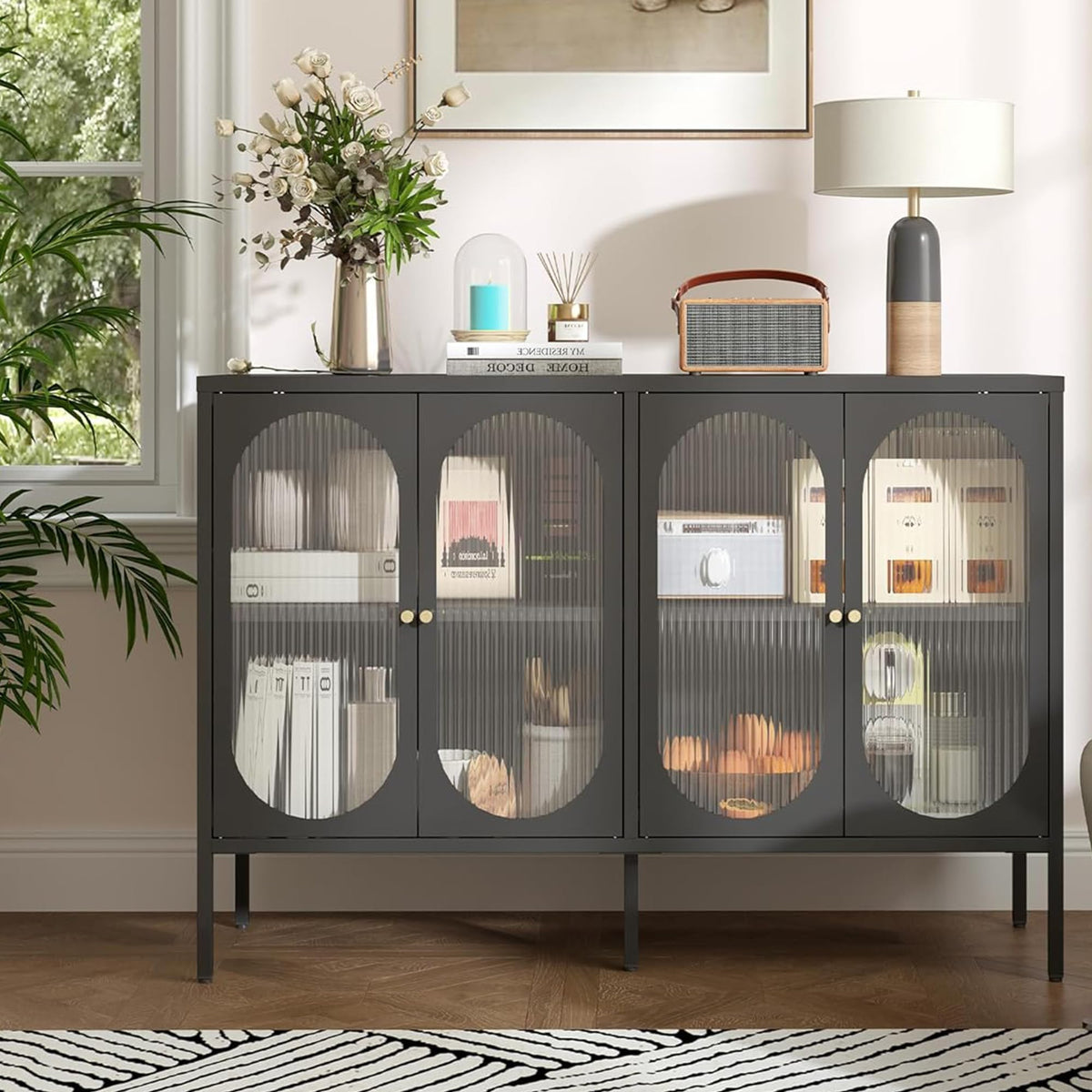 Metal Cabinet with Glass Doors, Sideboard Kitchen Cabinet, Glass Display Cabinet with Adjustable Shelf, Sideboard Cabinet for Kitchen, Dining Room, Living Room, 40 D x 120 W x 84 H cm, Black