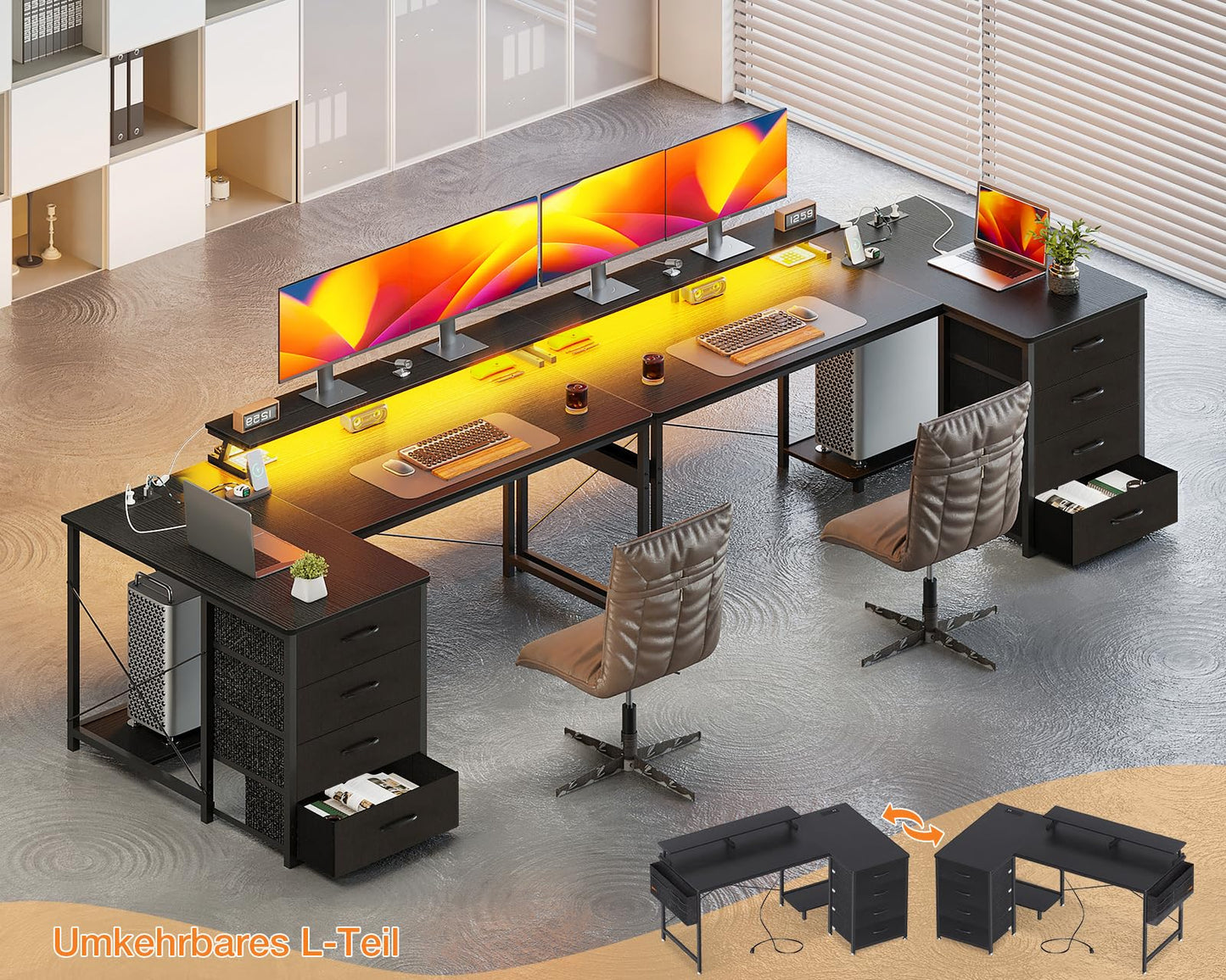 ODK Eckschreibtisch mit 4 Stoff Schubladen, 160x80cm Reversible Schreibtisch L Form mit 2 Steckdosen und 2 USB Ladeanschluss, Gaming Tisch L Form mit LED&Monitorständer für Home Office, Schwarz