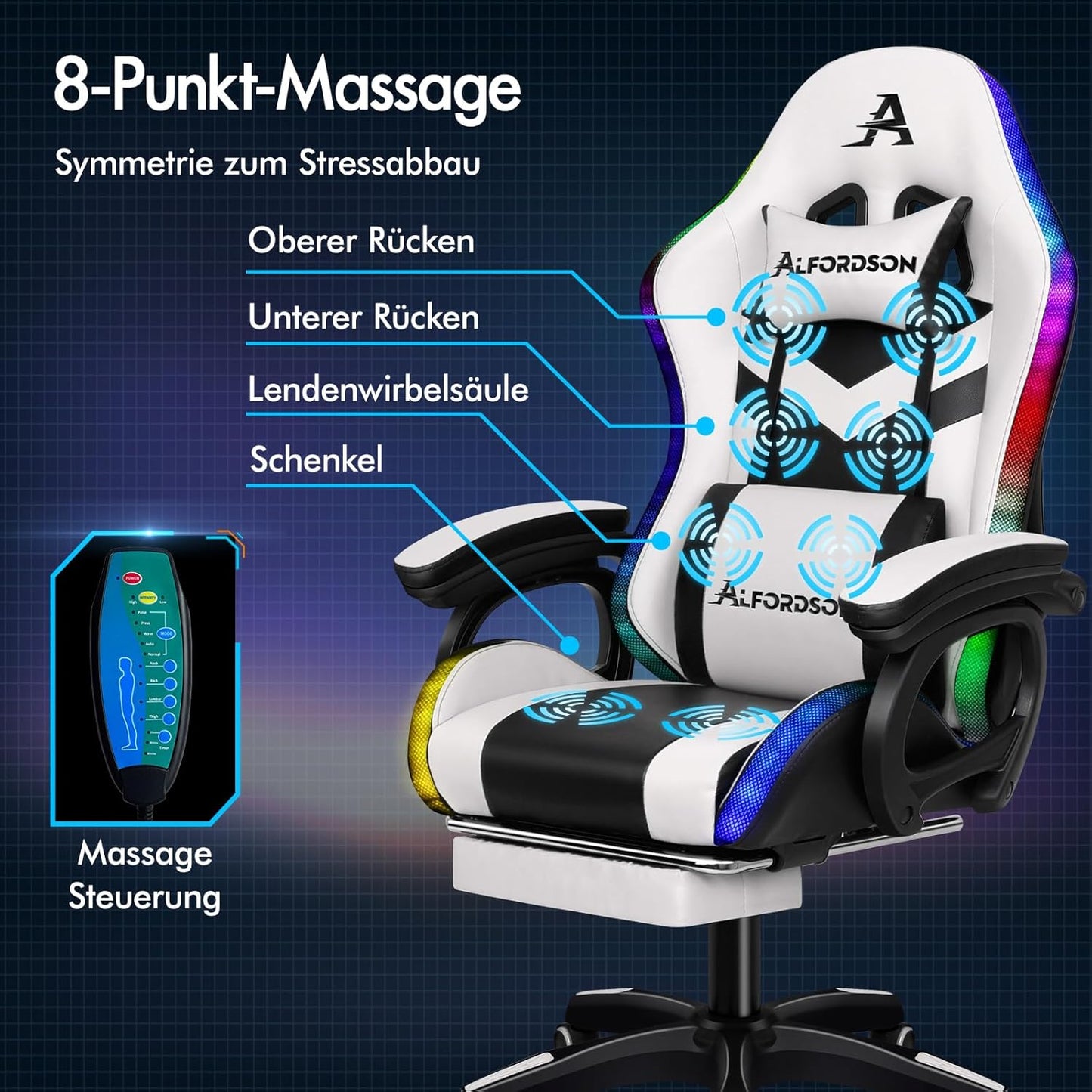 ALFORDSON Gaming Chair, LED Racing Gamer Chair with 12-Colour RGB Lighting, Massage Gaming Chair with Lumbar Support, Footrest, PU Material, White