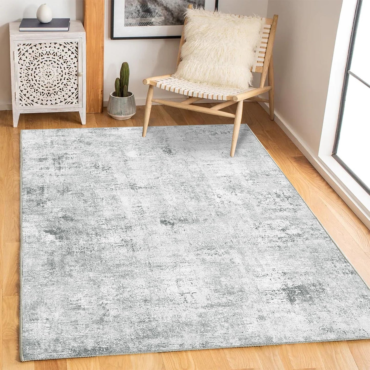 Guchuang Bedding Living Room Rug 140 x 200 cm, Grey Green Rug Vintage Mottled Smudged Design Short Pile Rugs, Washable Non-Slip Rugs for Bedroom