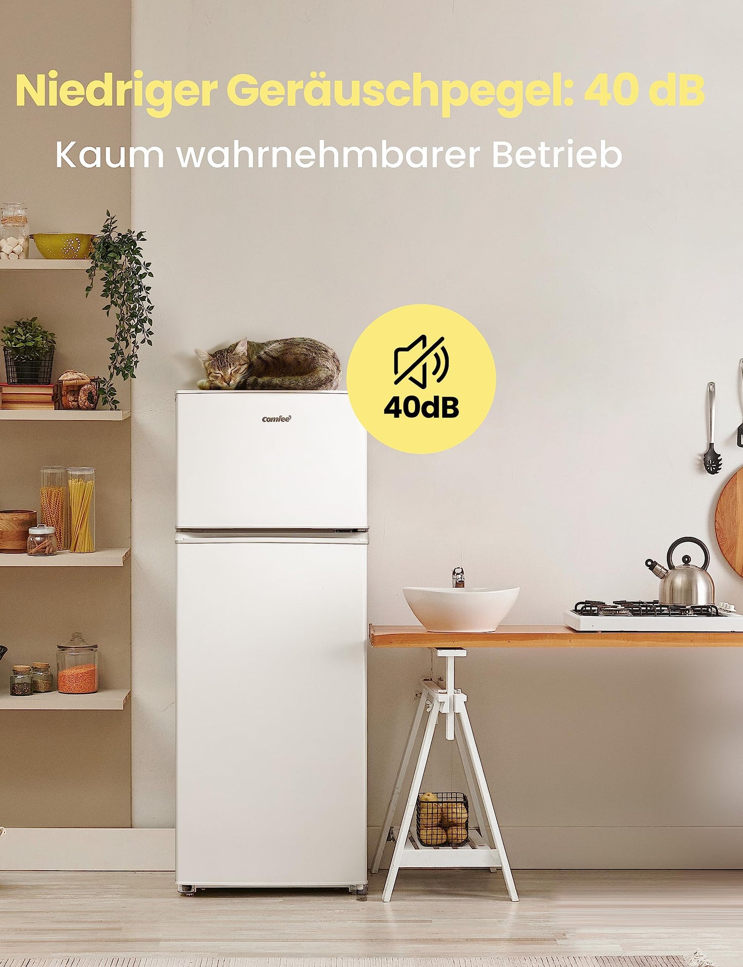 Comfee RCT284DK2A Fridge/Freezer, Top Freezer Compartment, 176 kWh/Year, 143 cm Height, LED Light, Reversible Door Hinge, Black