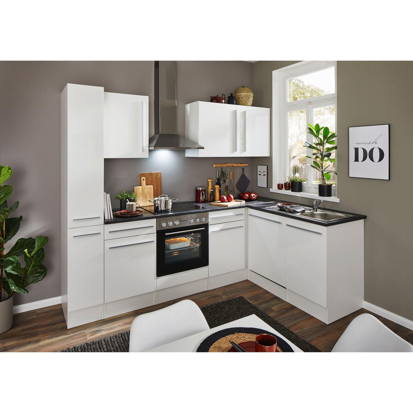 Jazz 8 Modern Corner Kitchen without Electrical Appliances in White High Gloss, Metallic Grey - Spacious Kitchen Unit in L-Shaped with Lots of Storage Space - 220 x 211 x 60 cm (W x H x D)