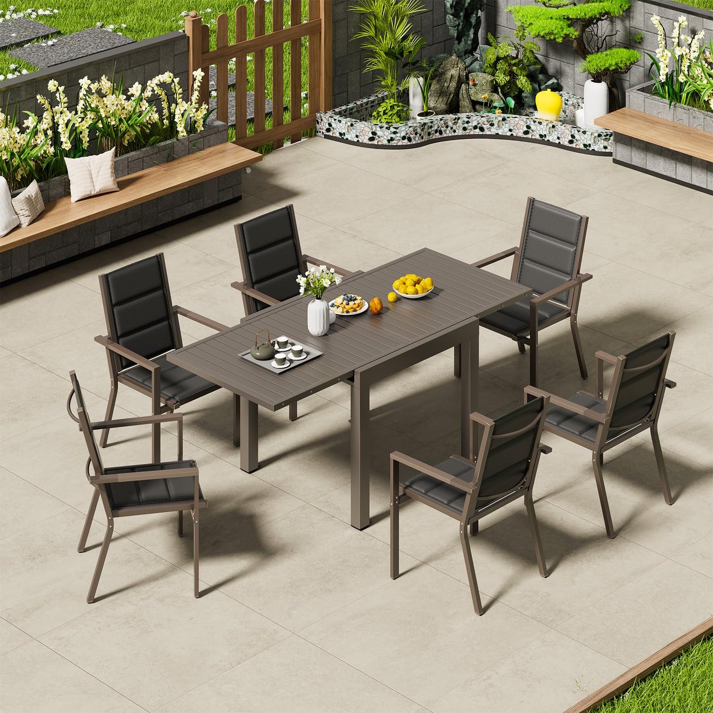 Devoko Garden Furniture Set for 8 People, 8 + 1 Aluminium Table and Chairs Set, Balcony Furniture, 8 Stackable Garden Chairs and 1 130/260 cm Stretchy Garden Table, Patio Furniture Sets Outdoor