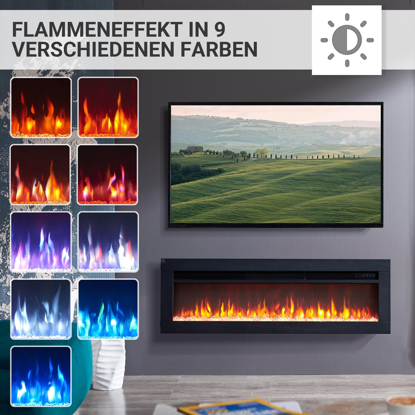 BALDERIA Elektrokamin Agnes 36" | 3in1 Elektrischer Stand-, Wand- oder Einbaukamin mit 3D-Flammeneffekt | Elektro Heizung 1800W | Kamin mit Fernbedienung, Startsteuerung, Timer & Thermostat | Schwarz