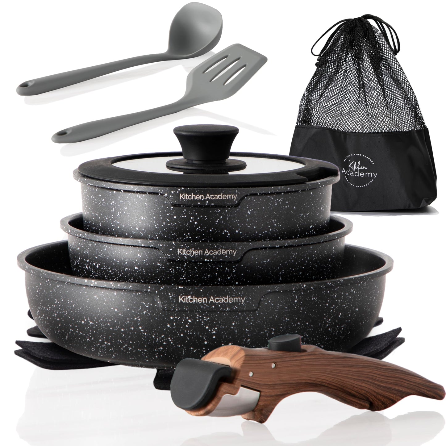 Kitchen Academy Pfannenset Abnehmbarer Griff - 10 Teilig Induktion Töpfe Set für alle Herdarten, Pfanne 20/25cm, Topf 18 cm
