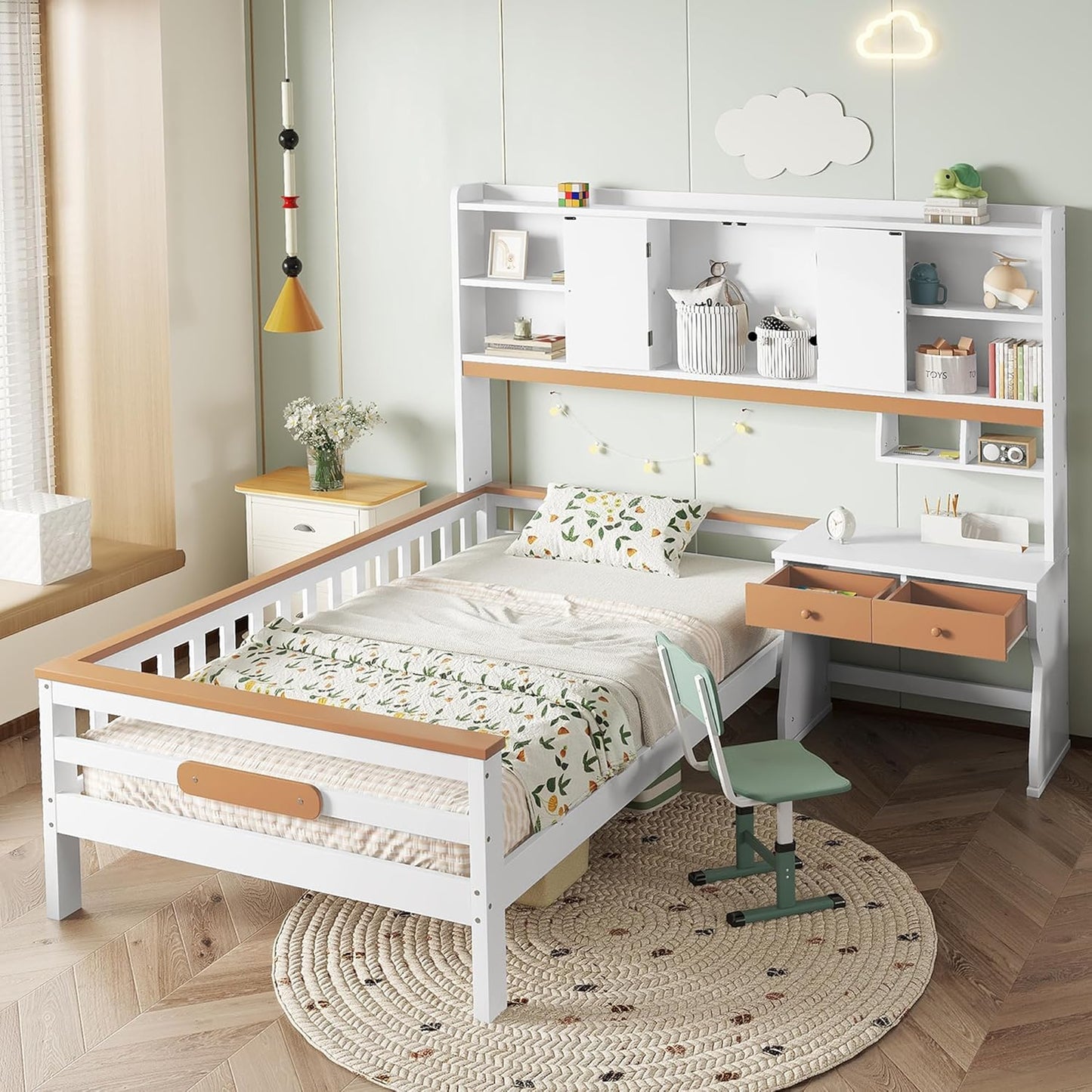 Merax Children's Bed 90 x 200 cm with Fall Protection, Children's House Bed with Drawers and Storage Shelf, Sturdy Wooden Tree House Bed with Slatted Frame, Play Bed for Boys and Girls, White