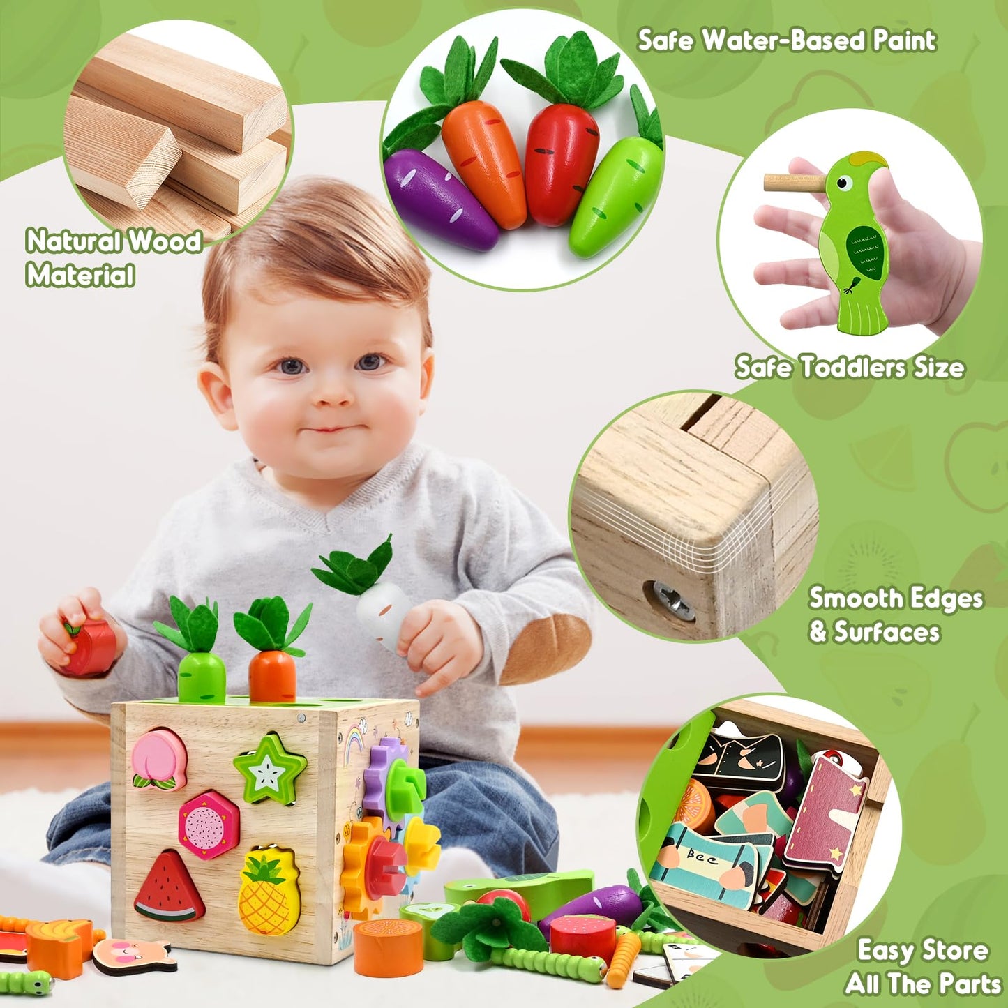 Motor Skills Cube 5 in 1 Activity Cube Toy from 1 2 3 4 Years Gift, 49 Pieces Montessori Educational Toy Wooden Toy for Children, Activity Centre Baby from 18 Months