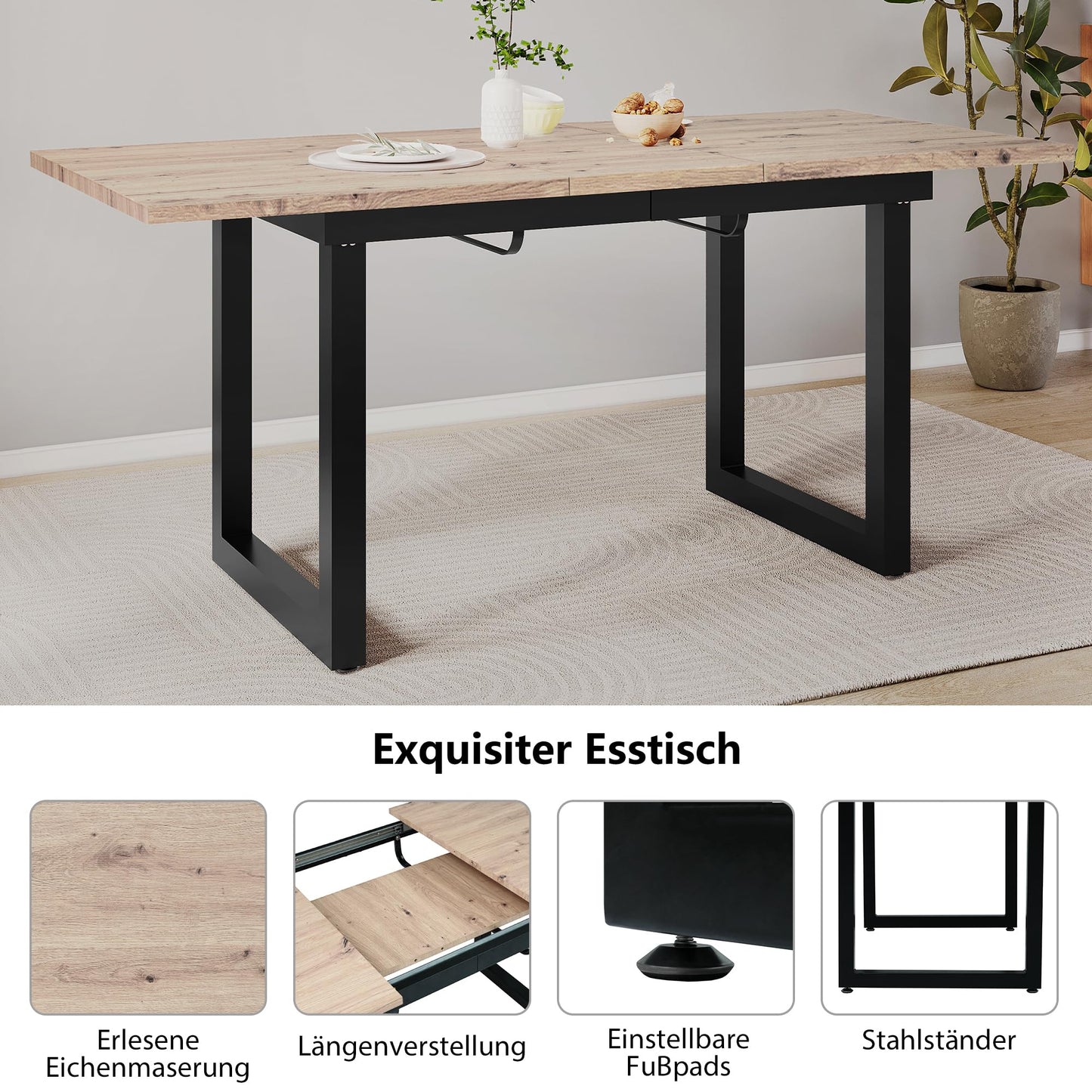 Merax Esstisch, Ausziehbar Esszimmertisch mit Tischbeine aus Metall, Rechteckiger Küchentisch für Wohnzimmer und Esszimmer, Grau
