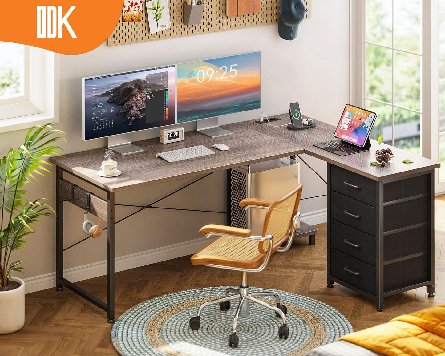 ODK Corner Desk with 4 Drawers, 135 x 100 cm, L Shape Desk with Socket and USB Charging Port, Reversible Desk with Storage Space for Home Office and Gaming, Black