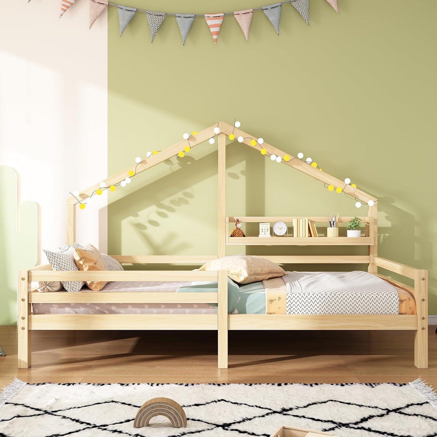 Merax Children's Bed 90 x 200 cm with Fall Protection, Children's House Bed with Drawers and Storage Shelf, Sturdy Wooden Tree House Bed with Slatted Frame, Play Bed for Boys and Girls, White