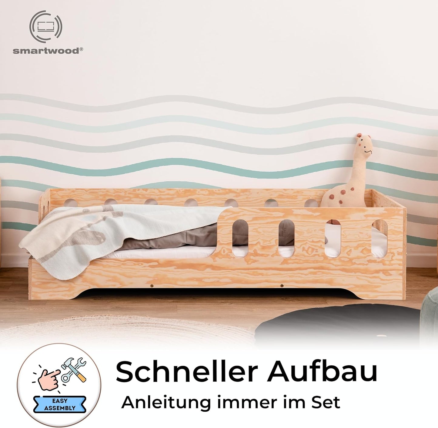 smartwood Kinderbett 80x160 Montessori Bett mit Rausfallschutz & Lattenrost - Kiefernsperrholz mit FSC-Zertifikat - für Jungen und Mädchen - Einfache Montage - TILA 1L
