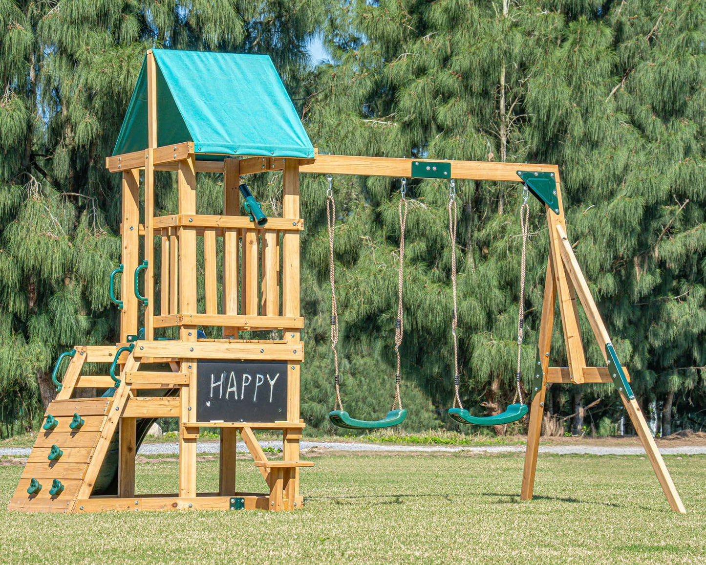DOLPHIN PLAYGROUND T Schaukelgestell Outdoor-Set mit 2 Schaukeln, Rutsche, Kletterwand, Tafel, Picknicktisch & Teleskop - Robustes Outdoor-Spielgerät aus Zedernholz für Kinder ab 3 Jahren
