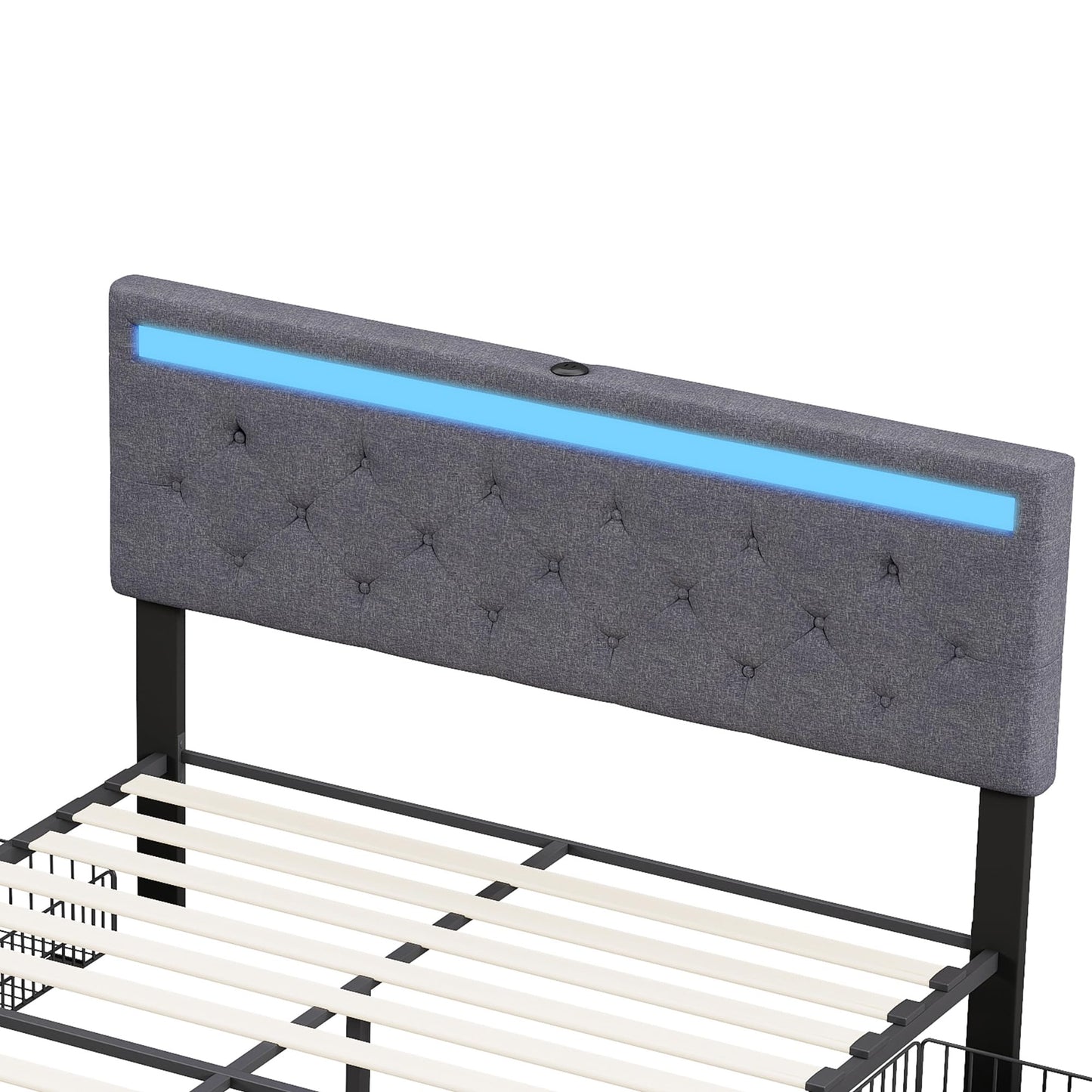 KeepGoon Doppelbett 140 x 200 cm,Polsterbett mit LED-Leuchten, 4 Eisenschubladen und einem USB Ladeanschluss,Stauraumbetten Bettgestell,Leinenstoff (Beige)