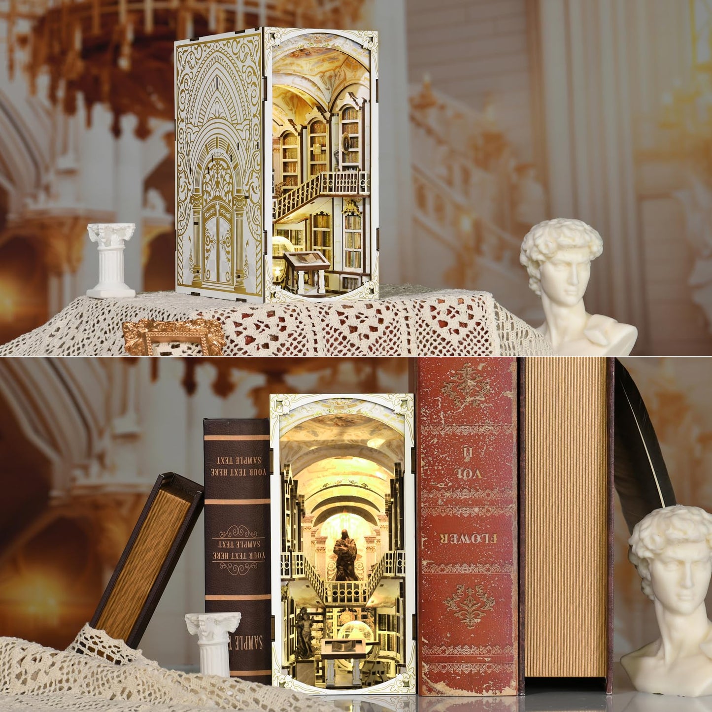 MiniCity Book Nook Kit, DIY Miniature Dollhouse Booknook Kit, 3D Wooden Puzzle Bookend Bookshelf Insert Decor for Teenagers and Adults (Library of Gods Max)
