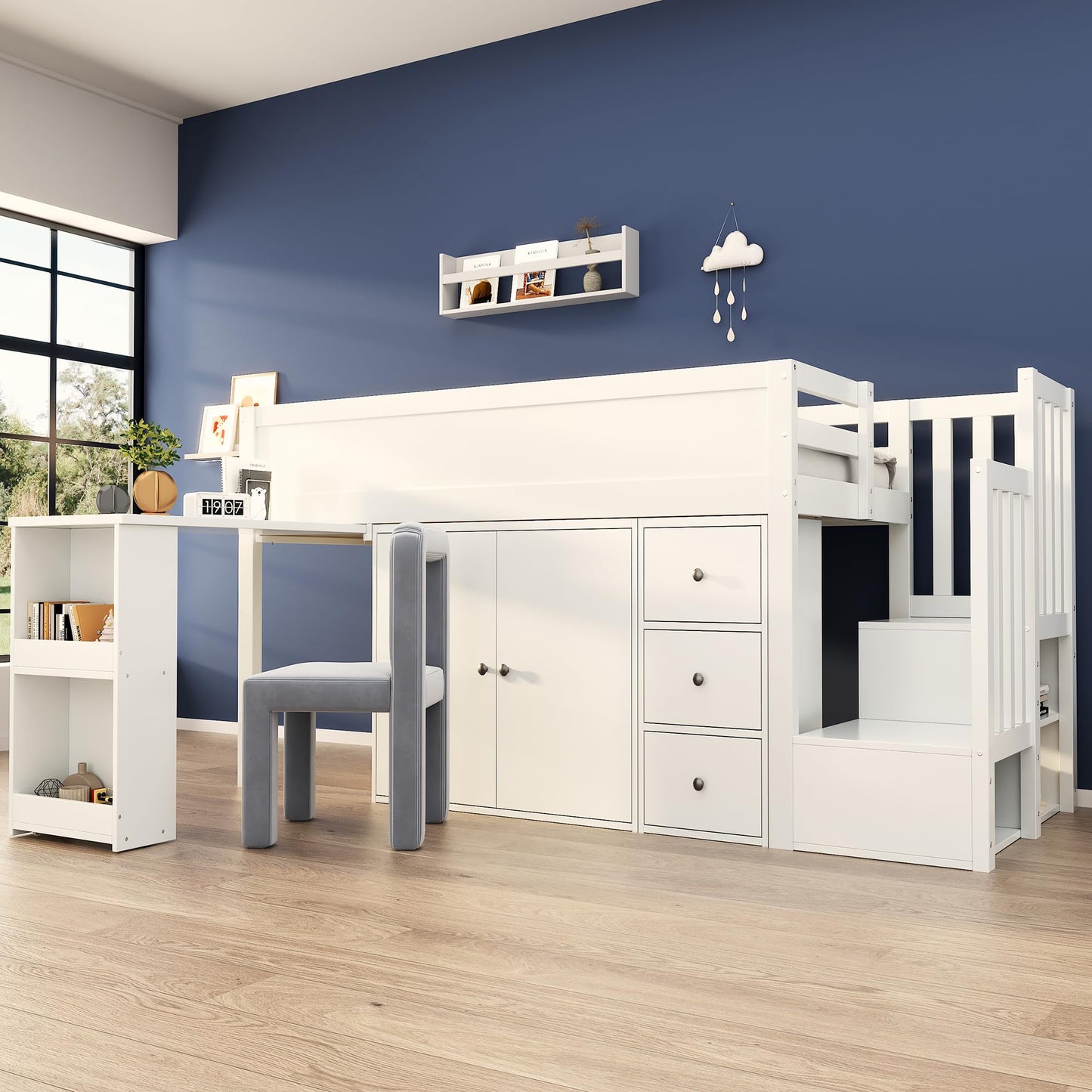 Children's Bed 90 x 200 cm, Wooden Bed with Drawers and Board, Headboard with Bookshelf and Fall Protection, Bed with Slatted Frame and Storage Space, Teenager's Bed, Functional Bed, Wooden Bed Frame,