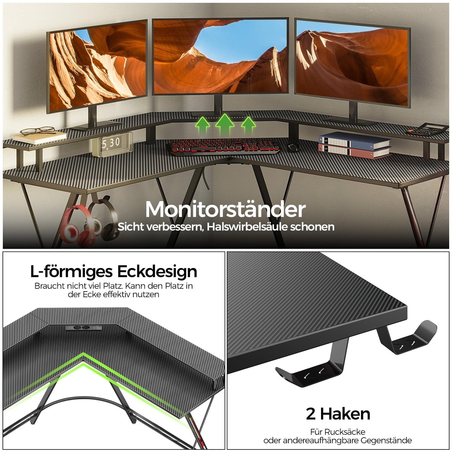 SEVEN WARRIOR Gaming Table L Shape, Gaming Desk with Socket, LED, Monitor Stand & 2 Hooks, Corner Desk with Carbon Fibre Surface, PC Computer Desk for Bedroom (127 x 127 cm)