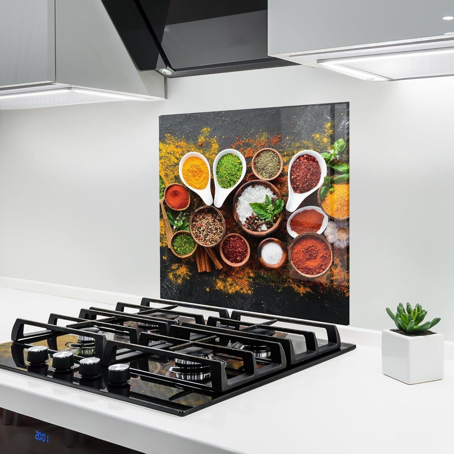 ARTHUB® Küchenrückwand aus Glas 50x70 cm, 5mm ESG | Spritzschutz, Glasplatte, Herdspritzschutz, Wandschutz für Herd, Hartglas, Lebensmittel, Gewürze, Heart Spice Powders