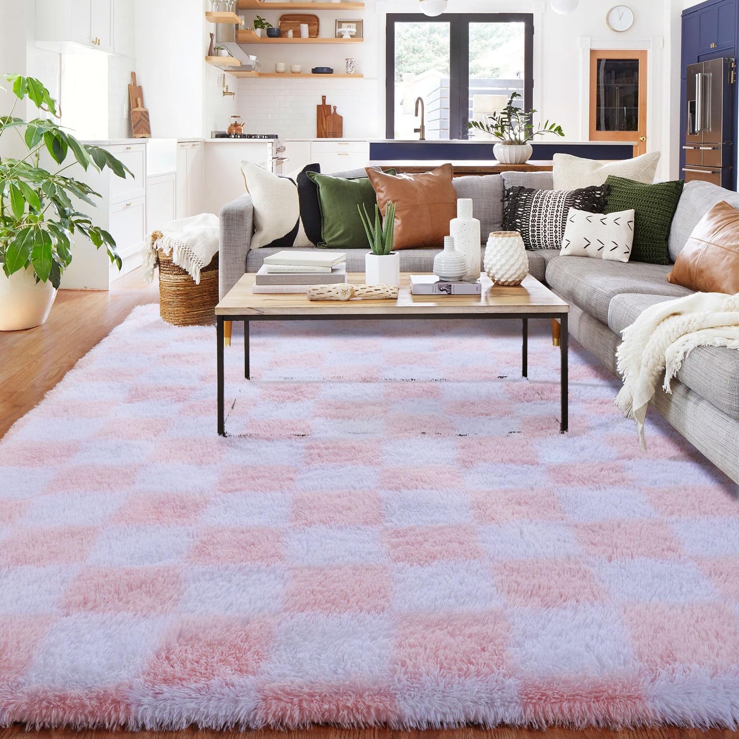 BYBSRLL Checked Rug Pink and White 120 x 180 cm High Pile Soft Fluffy Cuddly Rug Washable Rug Living Room Bedroom Children's Room Girls Non-Slip Rugs for Living Room