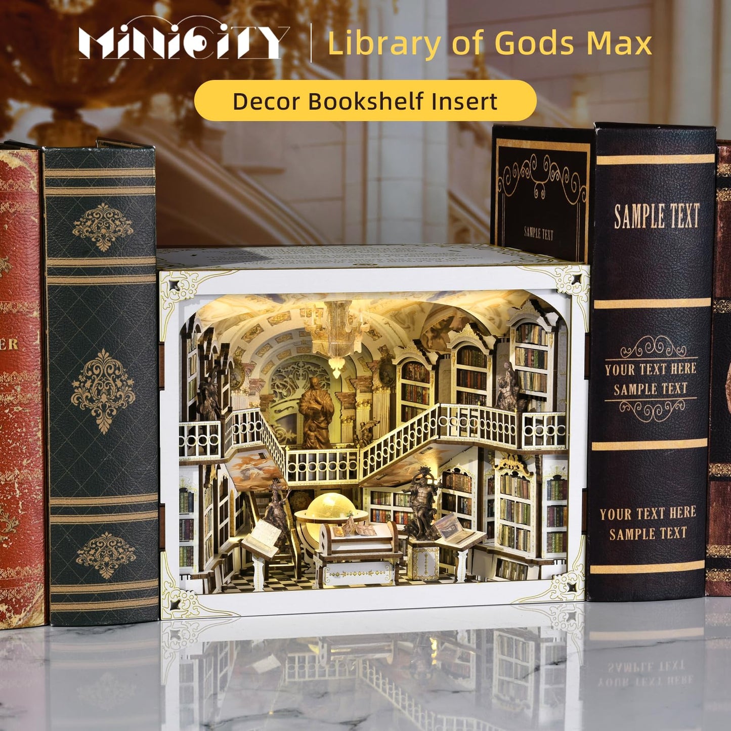 MiniCity Book Nook Kit, DIY Miniature Dollhouse Booknook Kit, 3D Wooden Puzzle Bookend Bookshelf Insert Decor for Teenagers and Adults (Library of Gods Max)