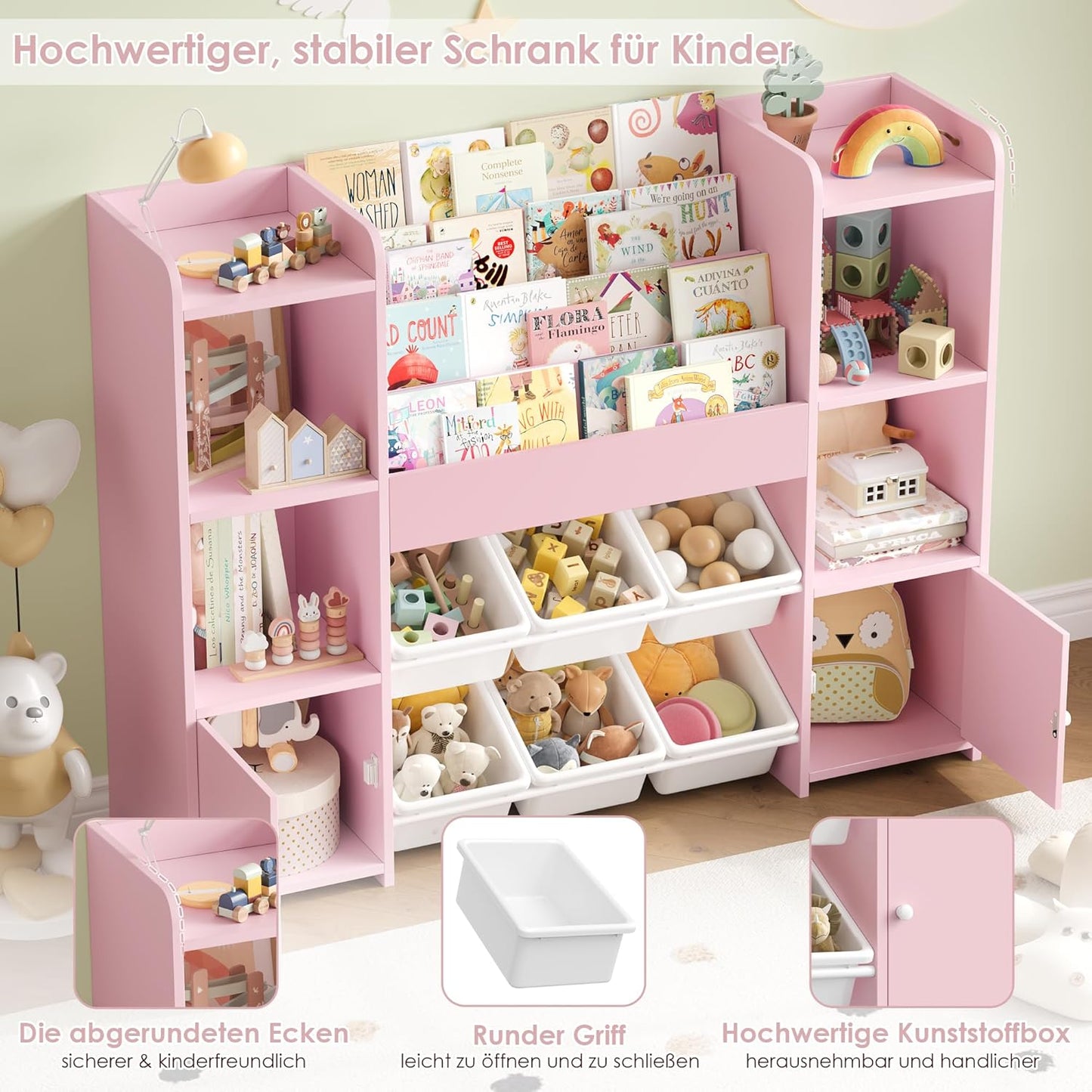 FOREHILL Children's Shelf with Children's Bookcase, Children's Room Furniture Made of Wood, Bookcase for Children with Storage Box, Children's Cabinet with Toy Box, Children's Shelf with 6 Boxes, 119