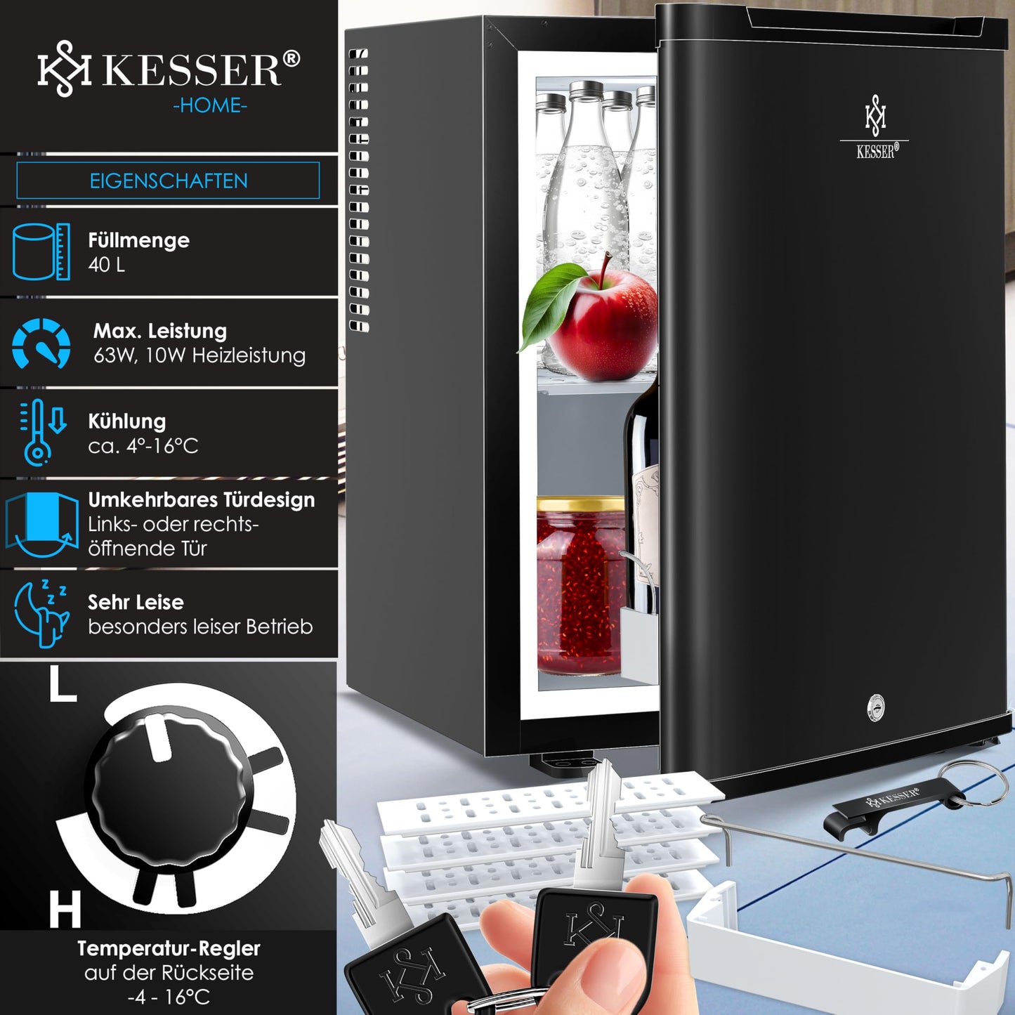 KESSER® Mini Fridge 40 L Lockable Mini Bar Ideal for Camping, Office, Bedroom, Hotel, Kitchen, Small Fridge Completely Silent, Interchangeable Door Hinge, Interior Lighting with Glass Opener