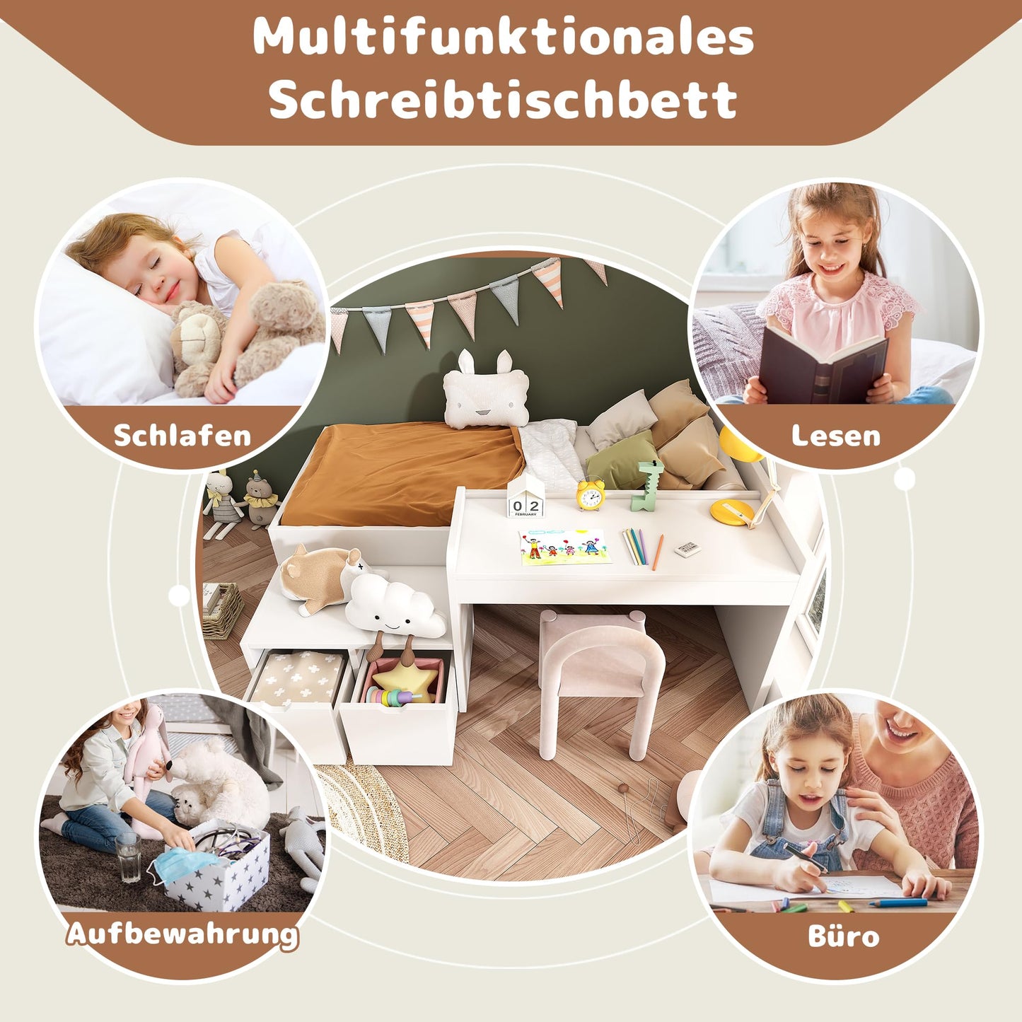 RIAZOS Kinderbett Holzbett 90x200 cm, Massiveholz Einzelbett mit Schreibtisch und Schubladen, Stauraumbett mit Lattenrost, für Jungen & Mädchen, ohne Matratze, Weiß