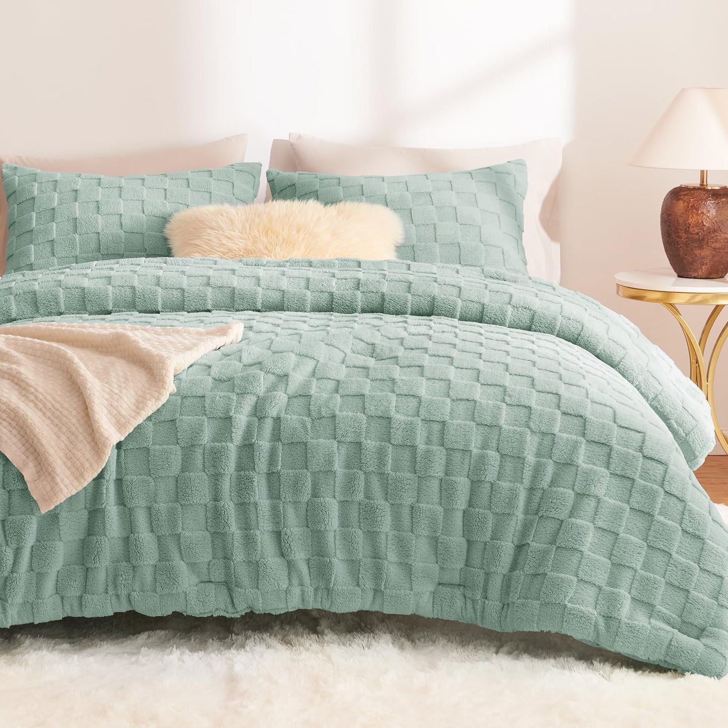CozyLux Queen Size Comforter Set Blush Pink, Fluffy Plush Fleece Comforter with Checkered Pattern, Farmhouse Boho Soft Warm Bed Set, 3 Pieces, 1 Comforter and 2 Pillowcases