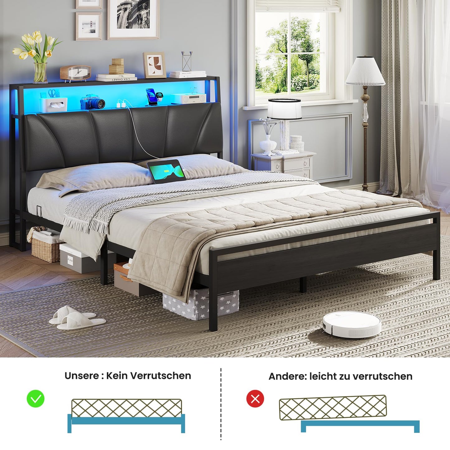 Brinlawb Bed 140 x 200 cm with Metal Slatted Frame, Bed Frame 140 x 200 cm with LED Lighting, Metal Bed 140 x 200 cm with Headboard and Charging Station (2 AC Sockets, 2 USB Ports), Youth Bed, Double