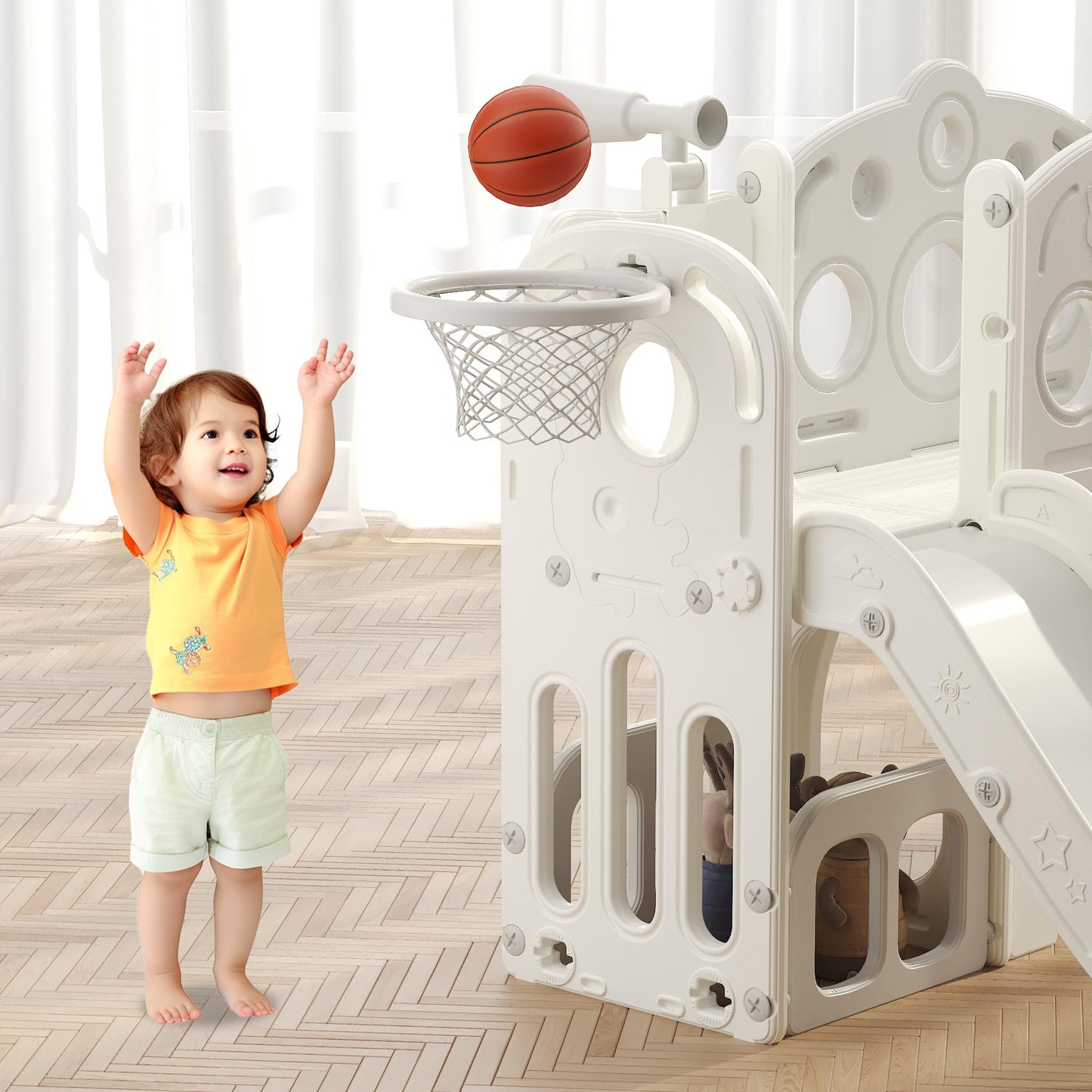 Hominewti Kinderrutsche, 8-in-1-Montessori Kinder Spielplatz mit Basketballkorb, Teleskop und Klettergerüst, Babyrutsche für Kleinkinder, Spielplatz für drinnen und draußen, Grün