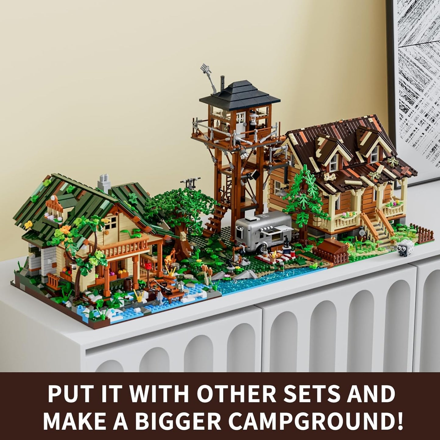 FUNWHOLE Observation Tower Tent Site Construction Set with LED Lighting, 1426 Pieces Retro Tower Camping Model Building Blocks Camper Van and Forest Building Kit Toy for Adults and Teenagers