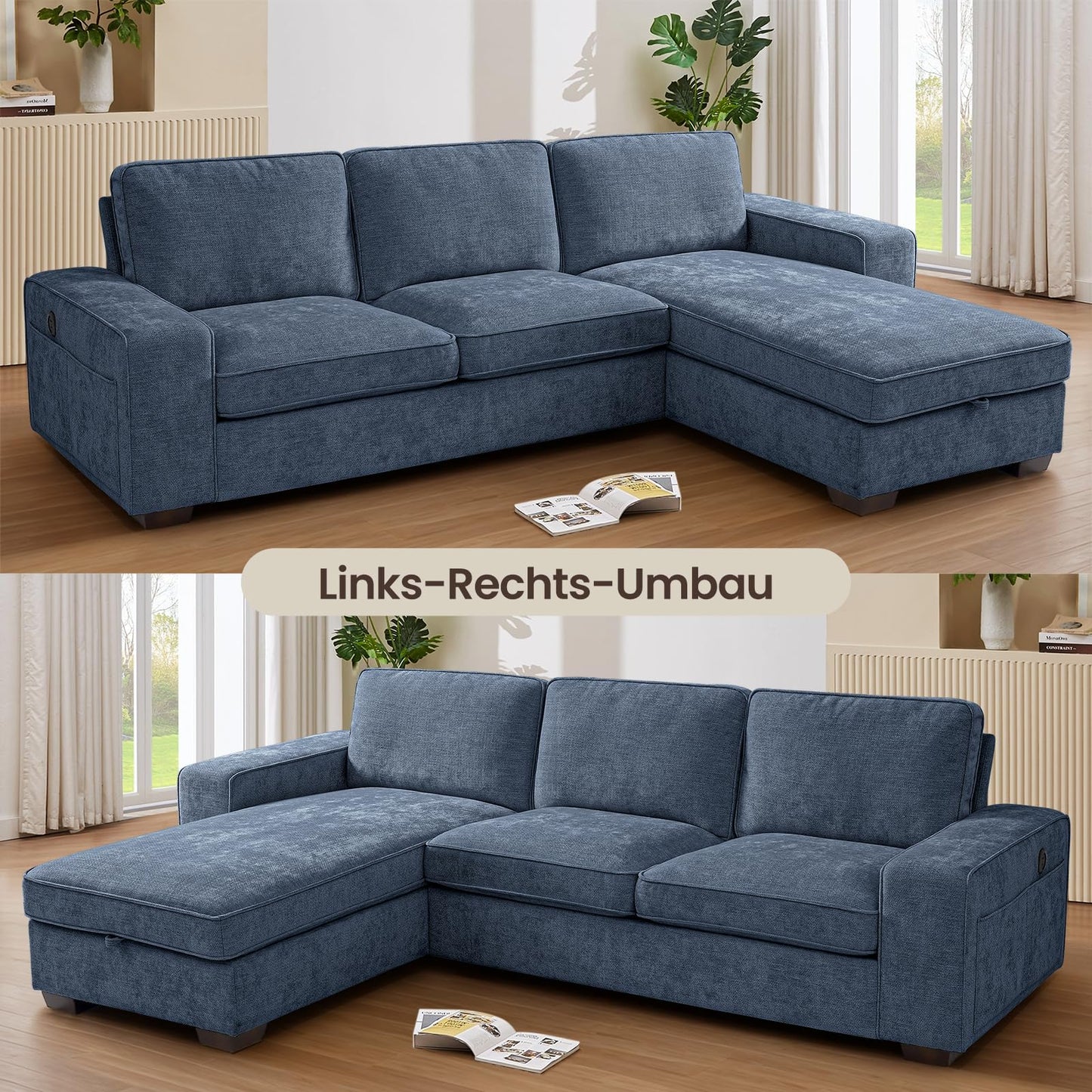 DUANDUAN 250CM Convertible Sektionssofa Couch mit Chaise Lagerung, Moderne L-förmige Reversible Design, Bequeme Chenille Stoff, abnehmbare Kissenbezüge USB Typ-C Ports Wohnzimmer(Beige)