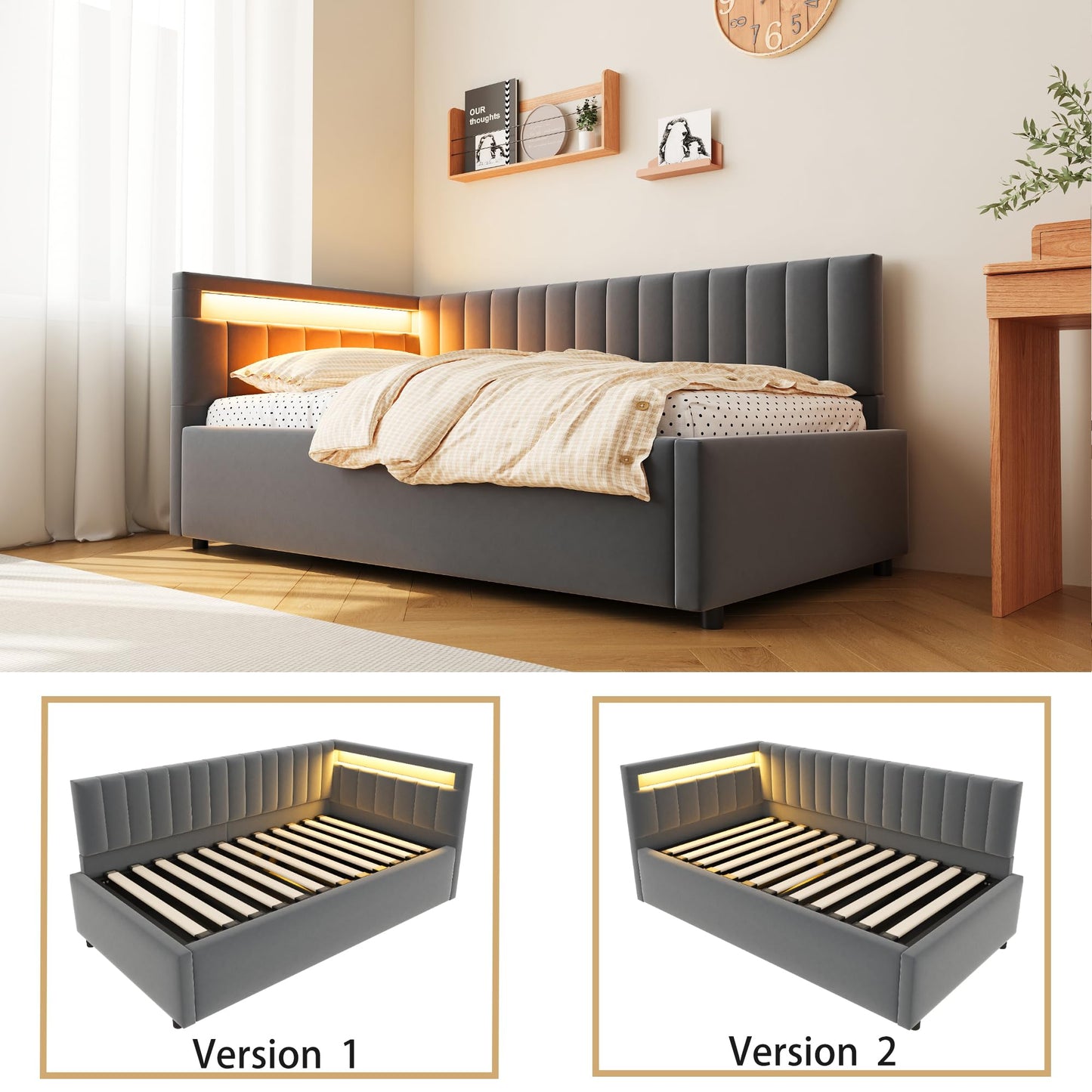 KEYIDE Upholstered Sofa Bed, 140 x 200 cm with LED Lighting and USB Charging, Bed Frame with Wooden Slatted Frame, Day Bed, Guest Bed, Youth Bed, Velvet Fabric, Without Mattress (Grey, 140 x 200)