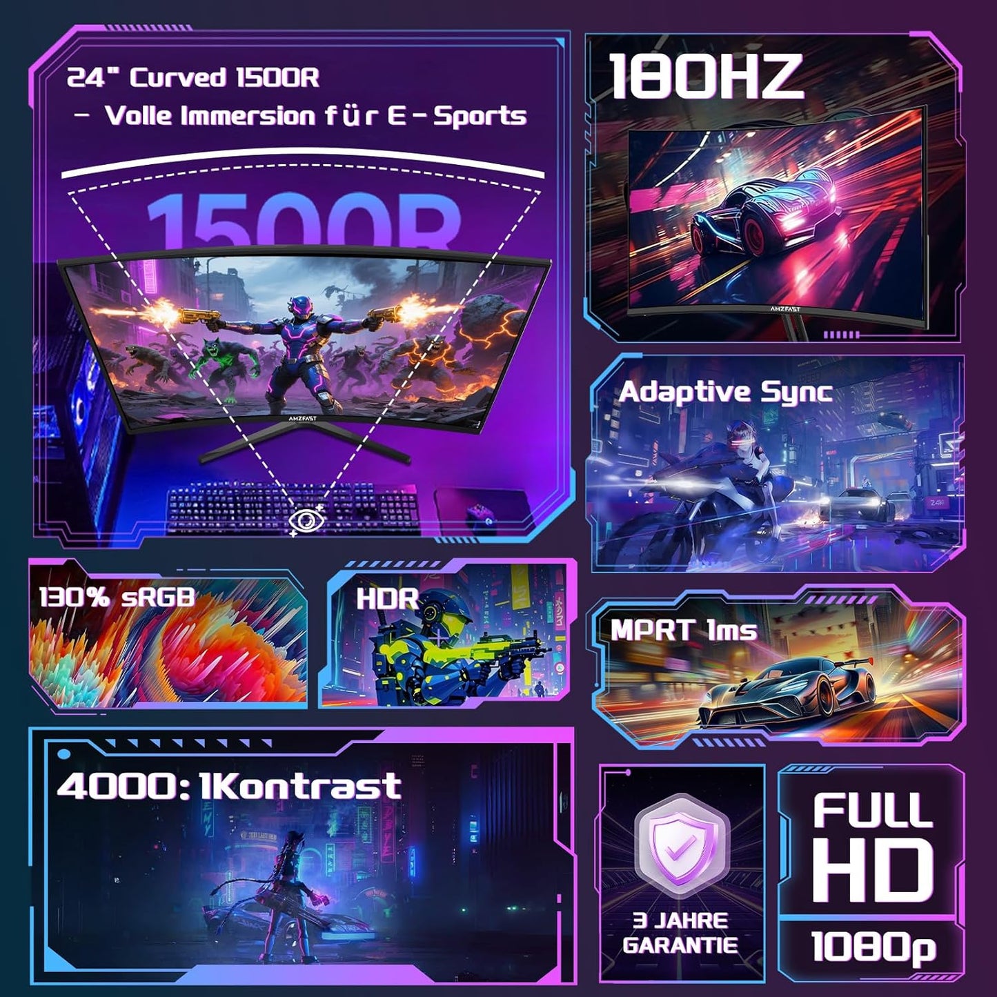 Amzfast 32 Zoll Curved Gaming Monitor (240Hz, 1920x1080, 1ms MPRT, 1500R), Adaptive-Sync, 90% DCI-P3, 120% sRGB, 300cd/m², HDMI 2.0 & DisplayPort 1.4 (AMZG32C3F)