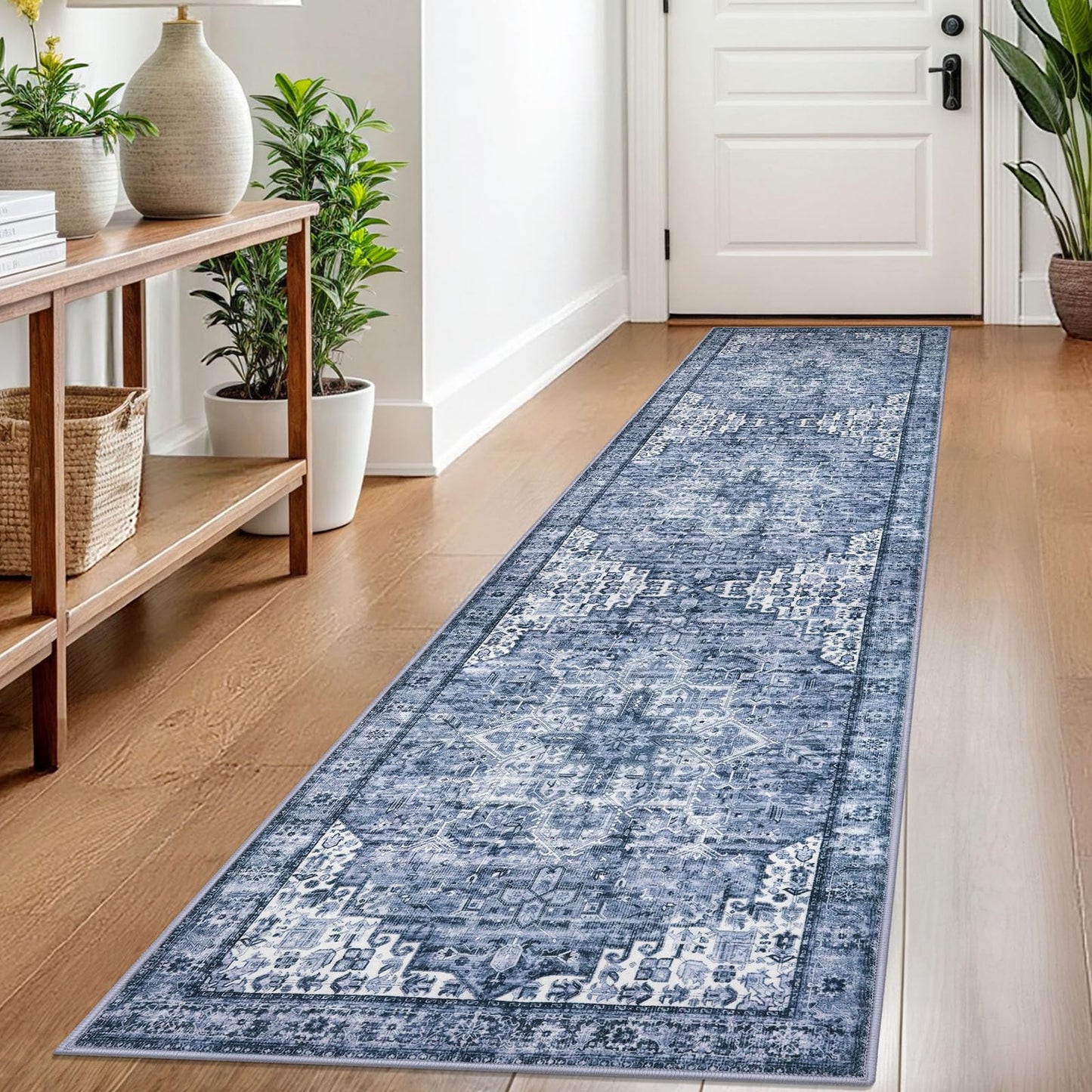 2x3 Blue Washable Rug for Entrance, Soft Traditional Area Rug, Non-Slip Printed Kitchen Rugs, Low-Pile Medallion Indoor Door Mat, Small Farmhouse Carpet for Entryway Kitchen Foyer Bedside