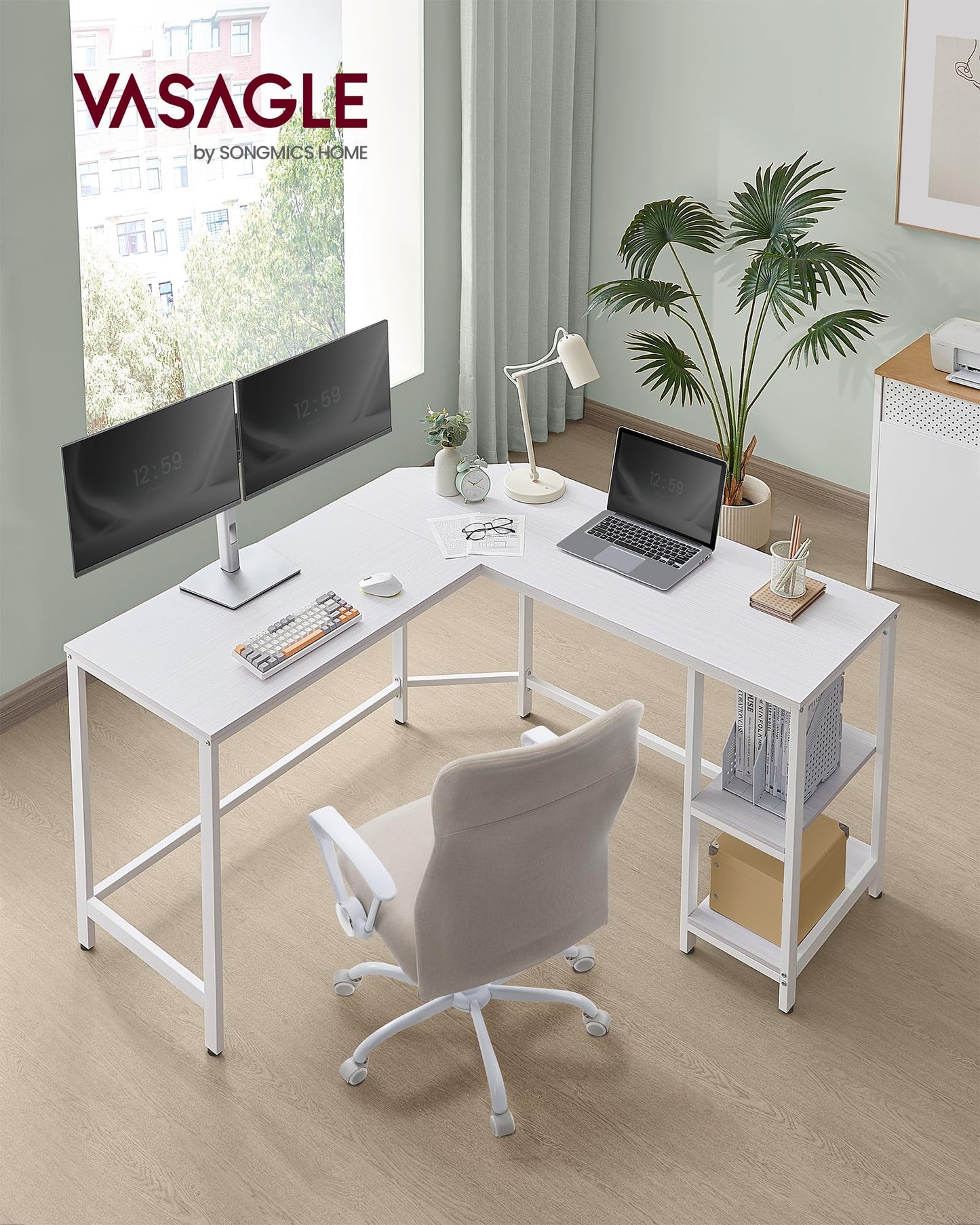 Vasagle L-Shaped Computer Desk, Corner Desk with 2 Shelves