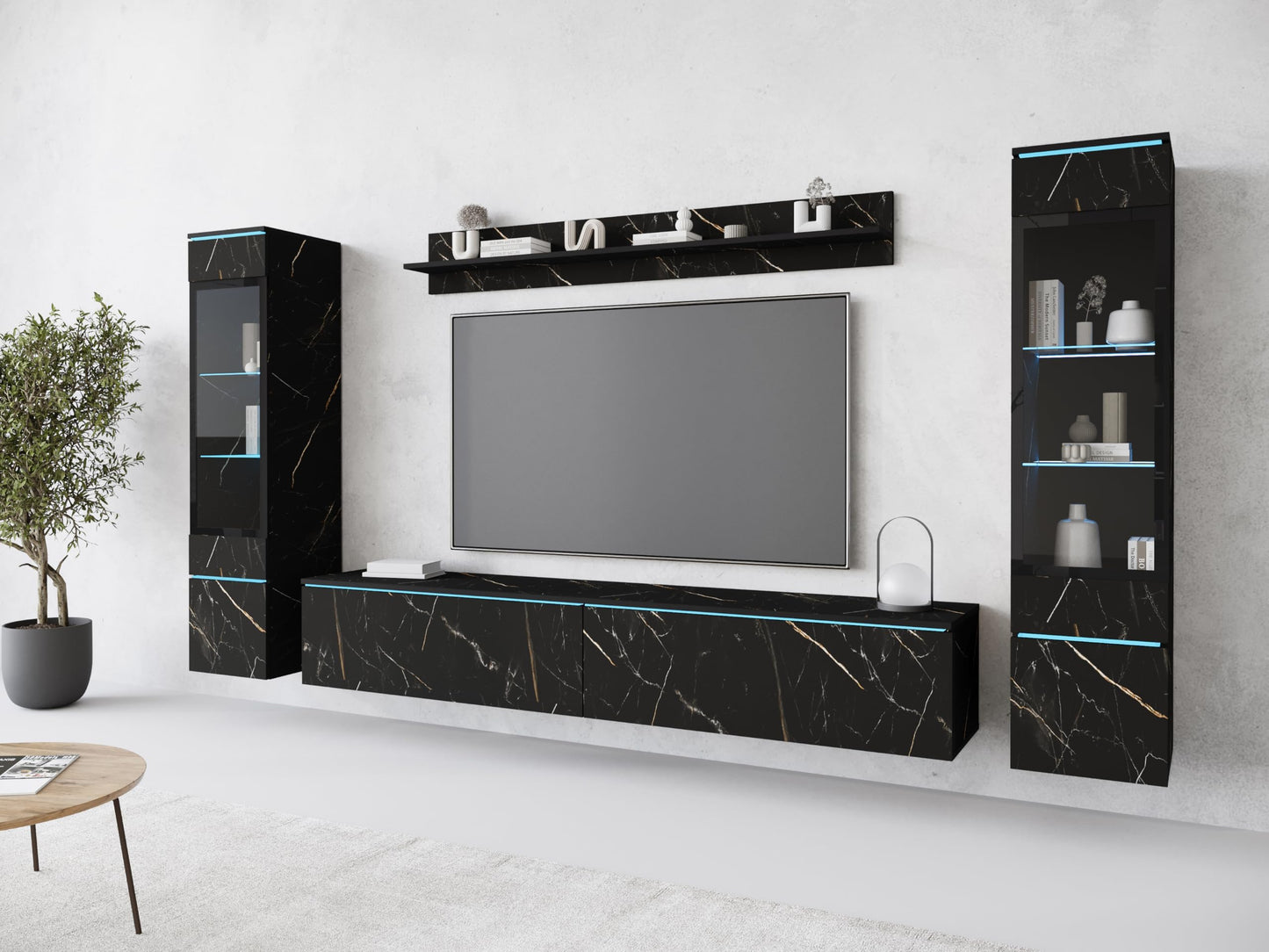 MINIO go for it Veve 2, 4-Piece Wall Unit Set, Hanging or Standing, 2 x Tall Cabinet Display Cabinets, Lowboard, Wall Board, Laminated Clamping Plate, Wotan Oak and Black Gloss, without Lighting