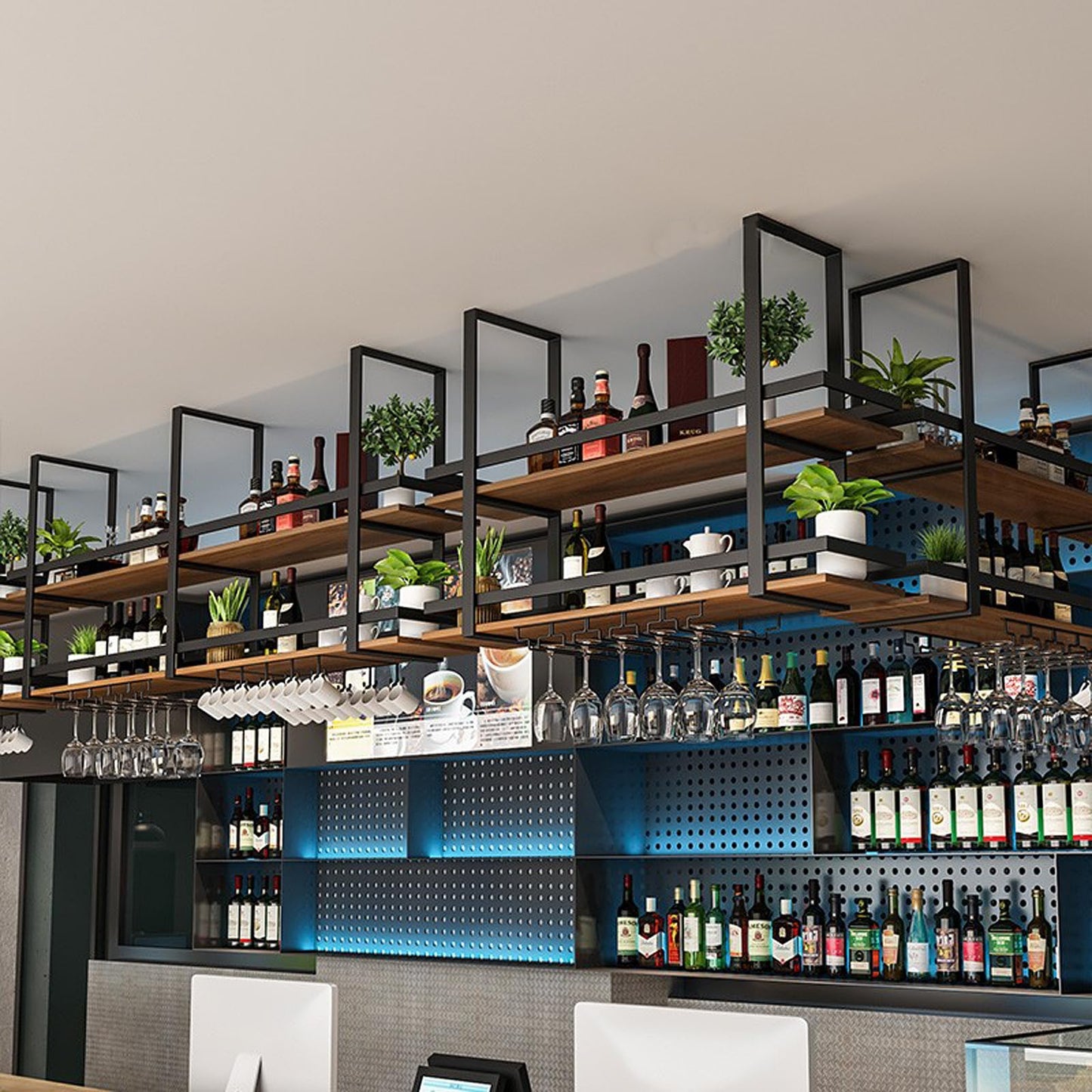 Ceiling Shelf Wine Rack - Ceiling Shelf Hanging Metal Wine Glass Rack, 2-Layer Industrial Hanging Wine Bottle Holder with Glass Shelf for Stemware, for Bar, Cafe, Kitchen (Black, 100 x 30 x 80 cm)