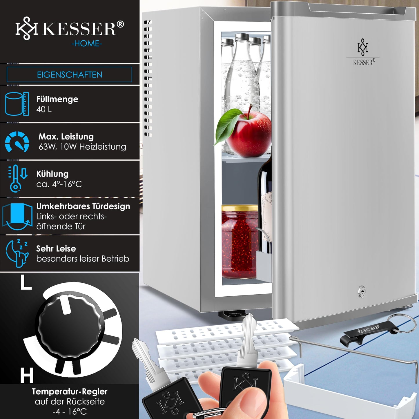 KESSER® Mini Fridge 40 L Lockable Mini Bar Ideal for Camping, Office, Bedroom, Hotel, Kitchen, Small Fridge Completely Silent, Interchangeable Door Hinge, Interior Lighting with Glass Opener