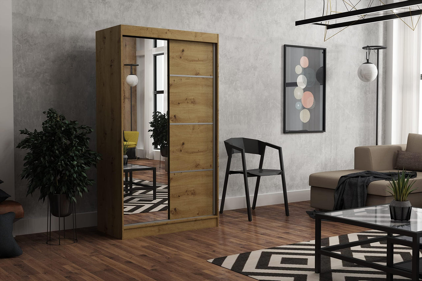 Brent - Tom Wardrobe with Mirror, 160 cm Wide, Bedroom Wardrobe with 1 Clothes Rail and Shelves for Clothes, Wardrobe Grey